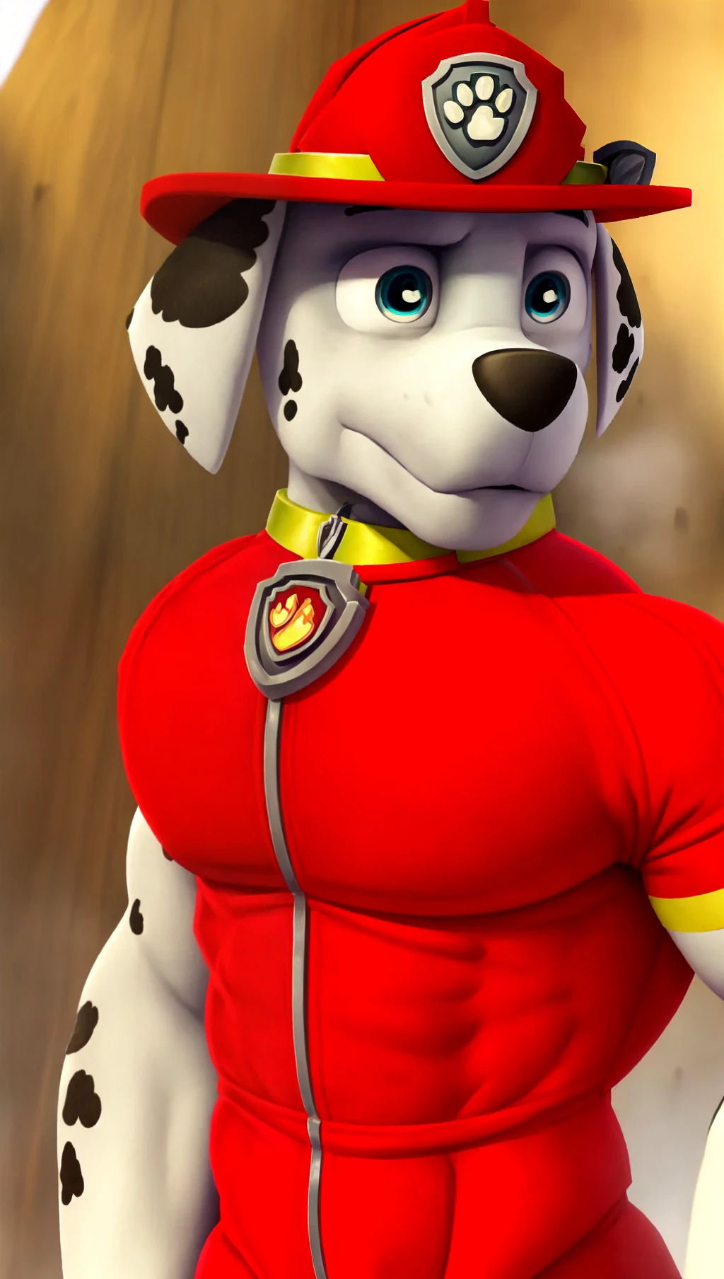 <lora:C5436A14B0:1>, giant, alpha male, perfect body, big, sexy, male Dalmatian, firefighter hat, firefighter uniform, bottomless, dog tag, big shoulders, big arms, big perfect body, Marshall (paw patrol),  smile, in shock  of how big he is, blue eyes,  looking at viewer,  muscular thighs,  scowl,humid, dramatic lighting, ultra-detailed, photo realism, Cinestill, detailed eye, looking at the viewer, super buff bodybuilder body, VFX, Cinematic Pose, Sharp Focus, Intricate Details, Masterpiece, Best Quality, High Resolution, 4k.