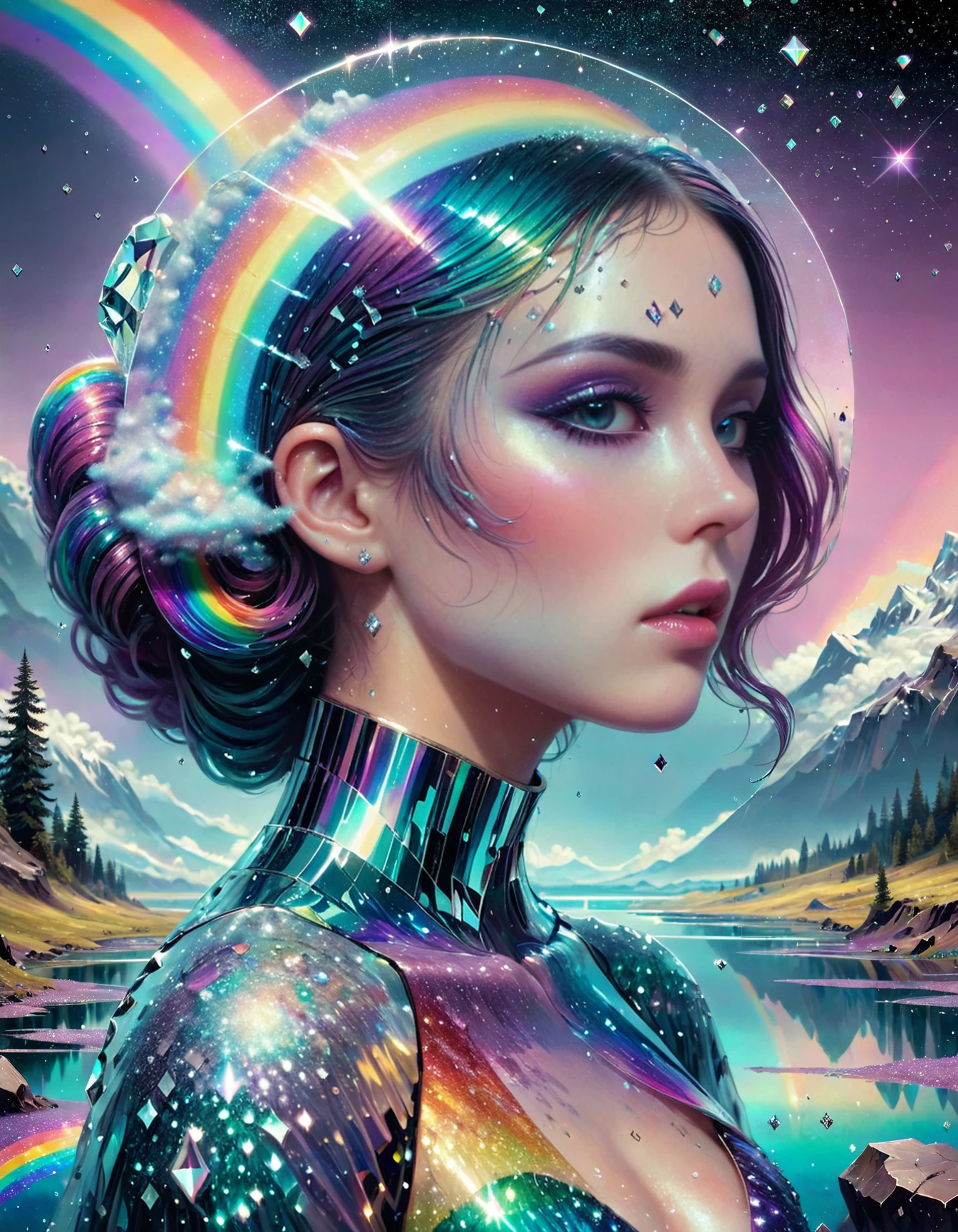 masterpiece,highres,realistic,a landscape,
glitter,beauty,calm,glitched rainbows,TimeCollapseX, Intergalactic, Metamorphosis, Dreamscape, Fade,3d effect, diamond dust glitter effect, highly detailed,8k, post-processing, digital painting, trending on pinterest, harper's bazaar, concept art, sharp focus, illustration, by artgerm, Tom Bagshaw, Law<lora:TimeCollapseX_epoch_10:1>