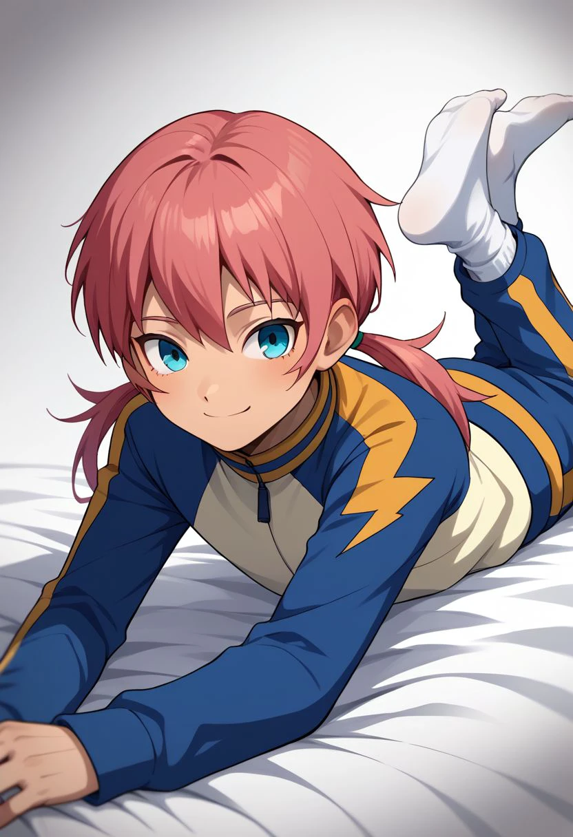 score_9, score_8_up, score_7_up, source_anime, highly detailed, 1boy, solo, male_focus, skinny, slender, cute, 
gabi_ina, male focus, 1boy, solo, twintails, pink hair, blue eyes, lying, track jacket, on stomach, jacket, white background, smile, raimon, long hair, track suit,
socks,