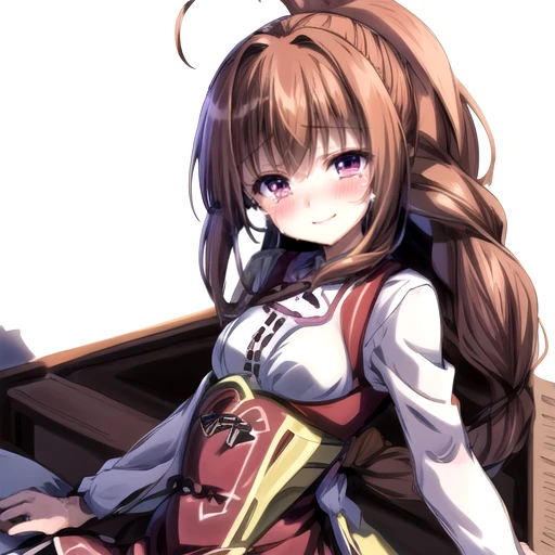 (masterpiece),(high quality),(highres),<lora:million life kahaberu:1>,kahaberu,kahaberu,1girl,solo,brown hair,purple eyes,blush,brown hair,long hair,cowboy_shot,<lora:goodhands_Beta_Gtonero:1>,<lora:more_details(0.5~1):0.6>,ahoge,braided ponytail,white background,red dress,crying with eyes open,small_breasts,looking at viewer,tears,smile,