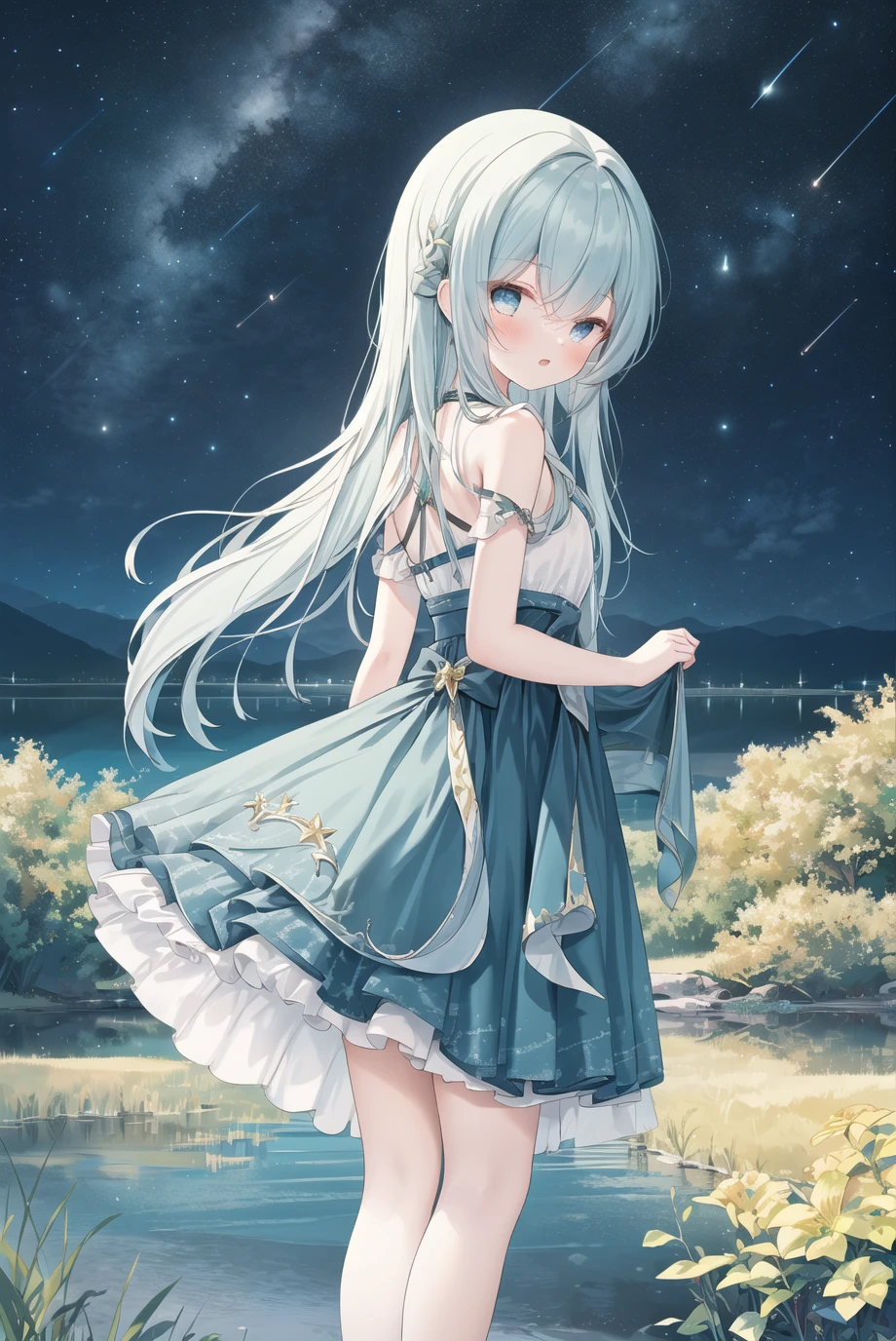 1girl,glowing hair,solo,standing by a lake,looking back,stars in eyes,beautiful scenery,lake,starry sky,night sky,shooting star,fang,<lora:鬼éèStyle_V3:1>,, (masterpiece),(highest quality),highres,(an extremely delicate and beautiful),(extremely detailed),Amazing,finely detail