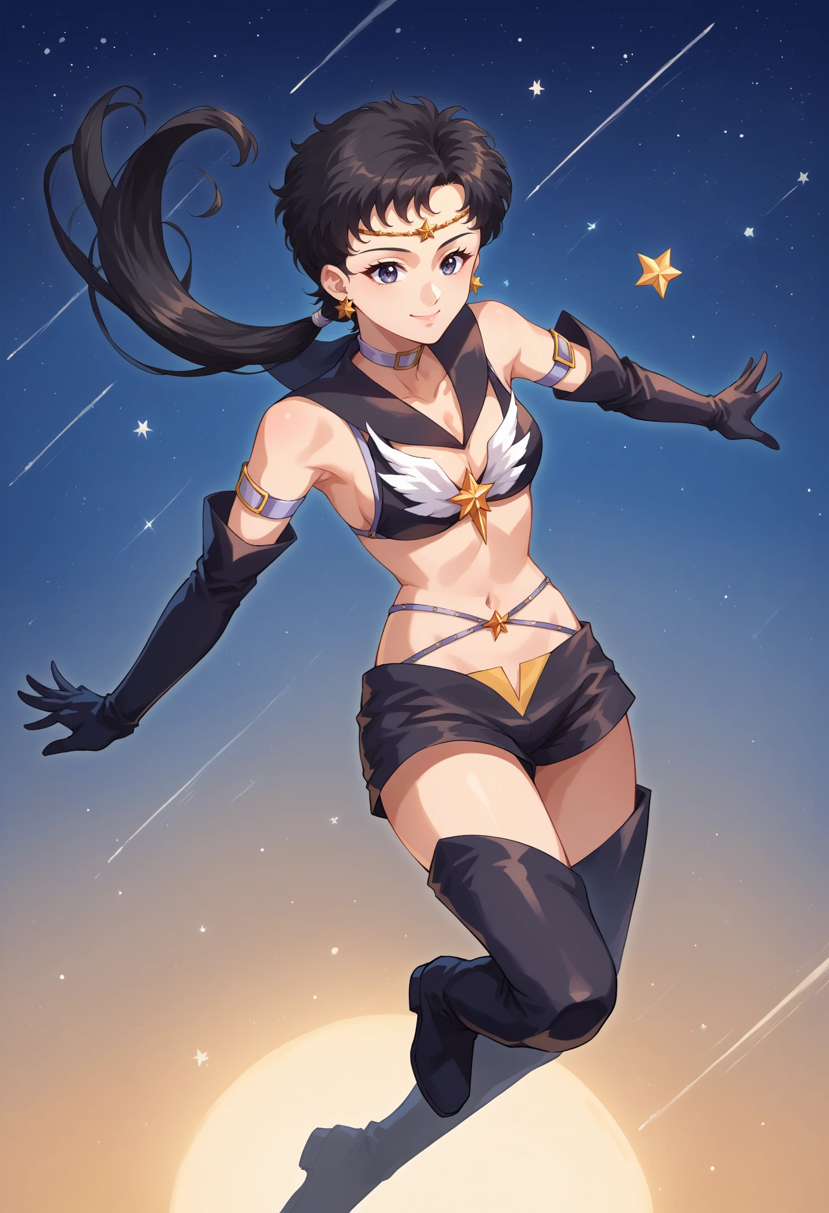 core_9, score_8_up, source_anime, 1girl, solo, SailorStarFighter, black hair, long hair, low ponytail, earrings, circlet, choker, bikini armor, black sailor collar, belt, elbow gloves, black shorts, thigh boots, smile, floating, space, midair, stars, jumping, <lora:ChamSailorStarFighterPonyXL-000006:1>