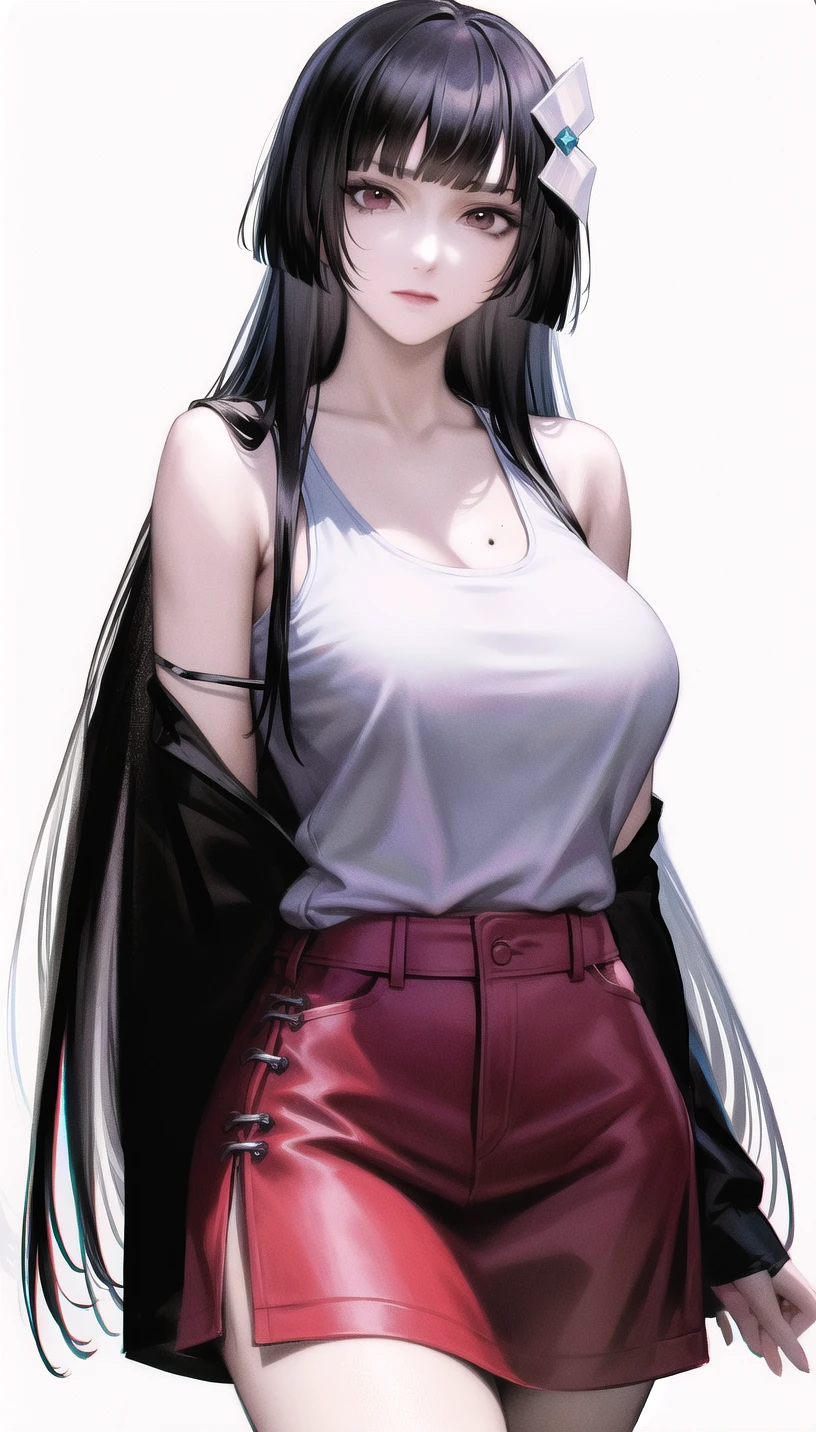 hair flower, mole under eye,very long hair, 
(tank top:1.28),
lady,mature female, cowboy shot,
(white background,simple background:1.18),
highres,official art,original,masterpiece,best quality,
(huge breasts:0.8),
<lora:Sumire1:0.8>