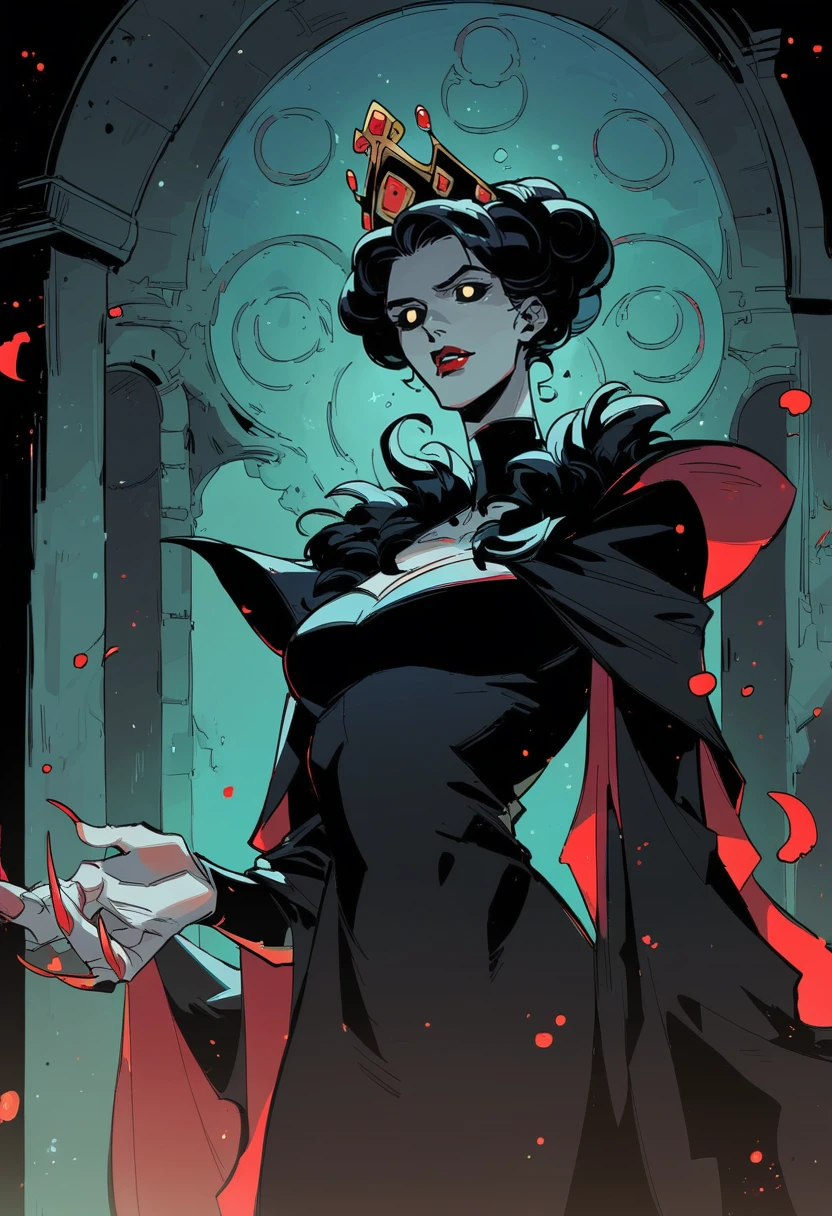 score_8_up, score_7_up, portrait of beautiful vampire queen girl standing in dark, black hair, no pupils, no sclera, red lips, ornate black dress, sharp fingernails, castle indoors, moonlight, particles, night, dark scene <lora:sxz-hades-pdxl:0.8> hds style, cel shading, linear hatching,