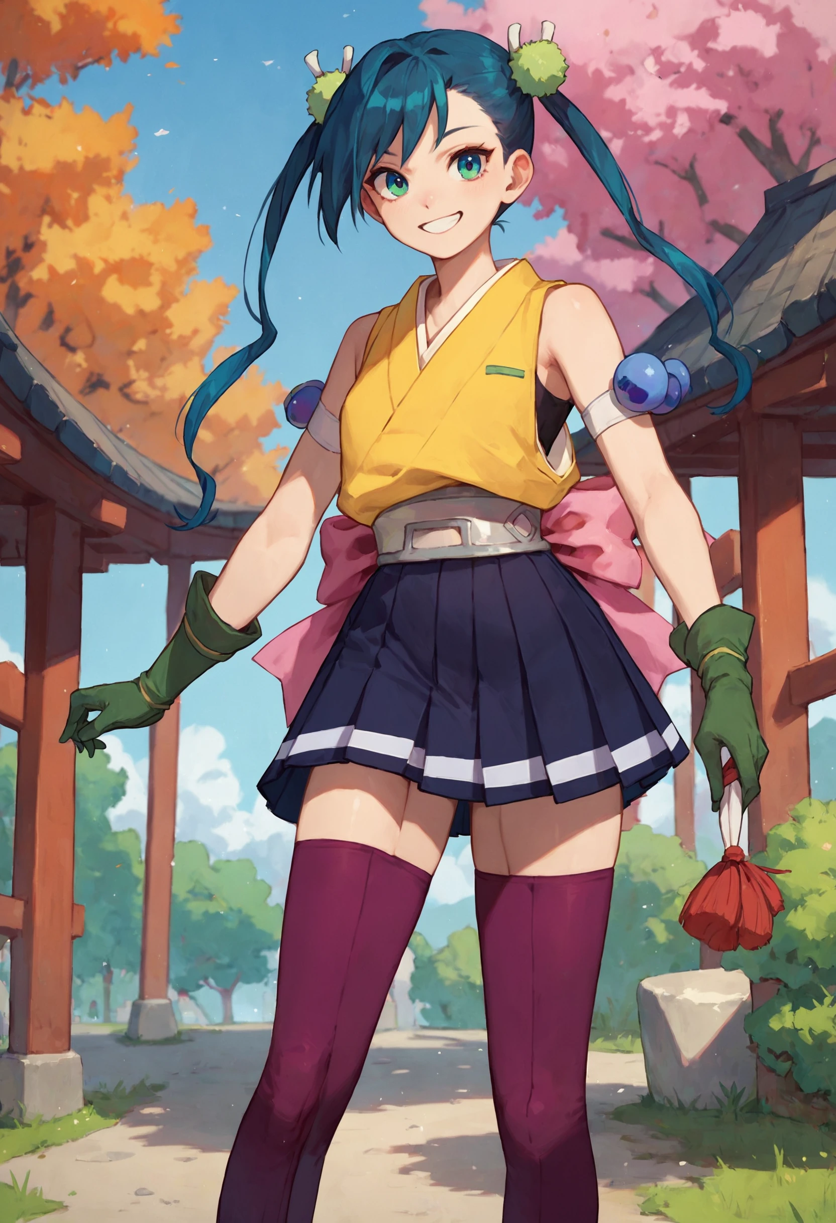 score_9_up score_8_up score_7_up, 1girl hibachi twintails hair ornament, pleated skirt purple thighhighs elbow gloves yellow shirt japanese clothes sarashi pink bow, smile
<lora:hibachi_pony_d16:1>