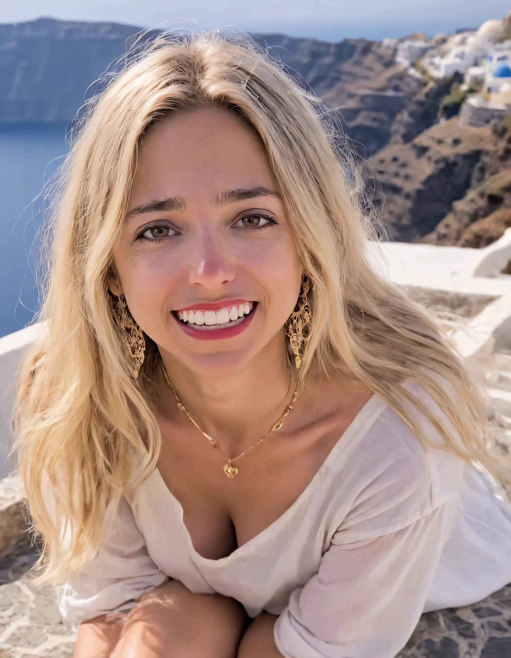 As Alicia, with her pearly whites and flowing blonde locks, revealed a radiant smile revealing subtle teeth and flushed cheeks, her hazel eyes sparkled while locked in an intense gaze that seemed to pierce the heart of every viewer; she was adorned with glistening jewelry, accentuating her stunning features, as she sat on an ancient stone bench by the caldera's edge, brown eyes transfixed upon the breathtaking Santorini landscape. <lora:tksywl18f212205fcq12a:1>