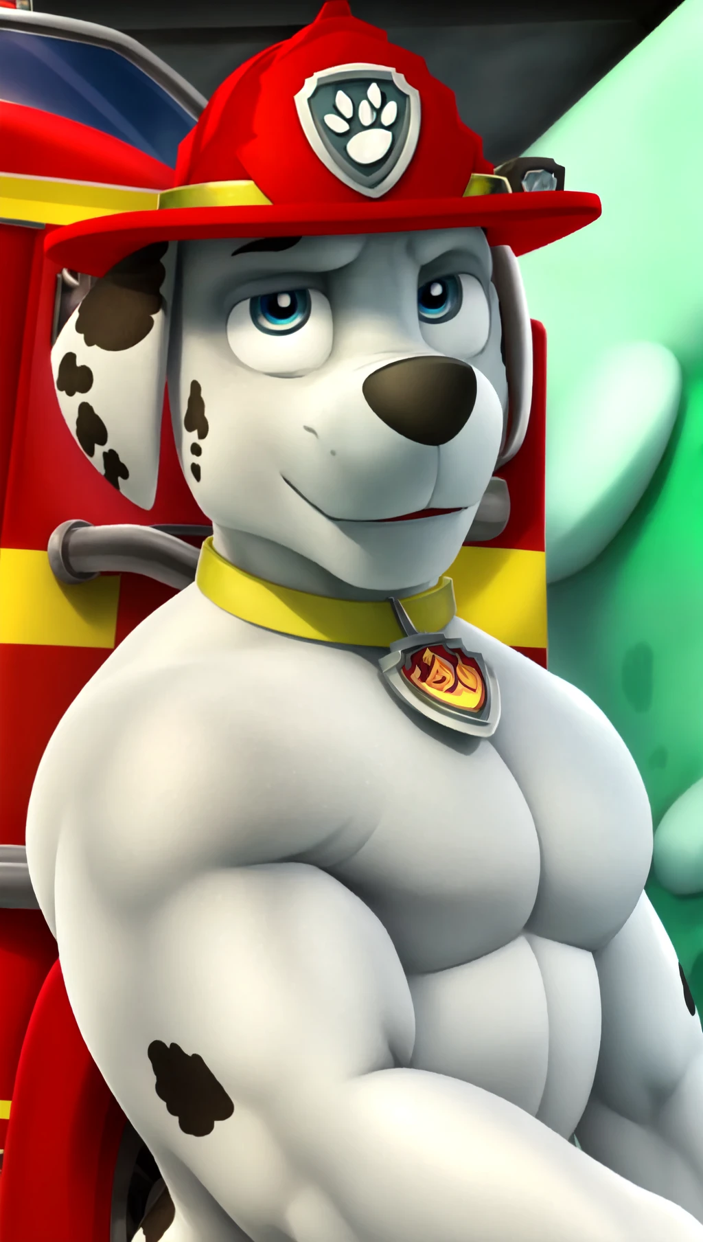 <lora:C5436A14B0:1>, giant, alpha male, perfect body, big, sexy, male Dalmatian, firefighter hat, firefighter shirt, bottomless, dog tag, big shoulders, big arms, big perfect body, Marshall (paw patrol),  smile, in shock  of how big he is, blue eyes,  looking at viewer,muscular thighs, humid, dramatic lighting, ultra-detailed, photo realism, Cinestill, detailed eye, looking at the viewer, super buff bodybuilder body,  VFX, Cinematic Pose, Sharp Focus, Intricate Details, Masterpiece, Best Quality, High Resolution, 4k.