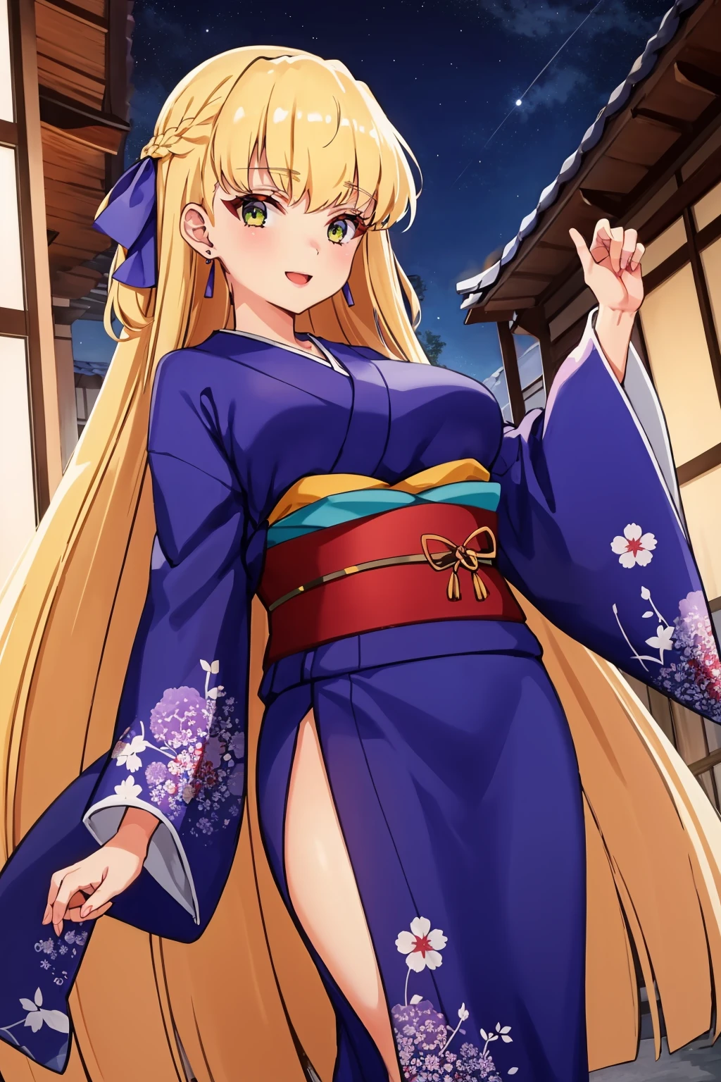 masterpiece, best quality, 1girl, <lora:theresagriebel-nvwls-v1-000009:0.8> theresa griebel, braid, very long hair, hair ribbon, earrings, large breasts, purple kimono, obi, sash, looking at you, happy, night sky, japanese architecture