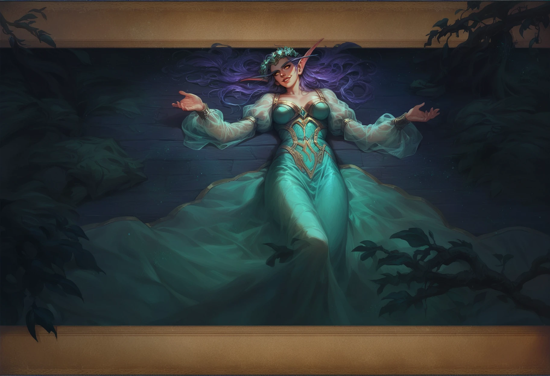 score_8_up, score_7_up, from above, beautiful elf queen lying on back, reaching towards viewer, smile, purple hair, ornate cyan dress with puffy sleeves, see-through sleeves, head wreath, particles, dark forest, night, fog, <lora:sxz-wowload-civit-pdxl:0.8> wowload, warcraft logo, sepia, borders