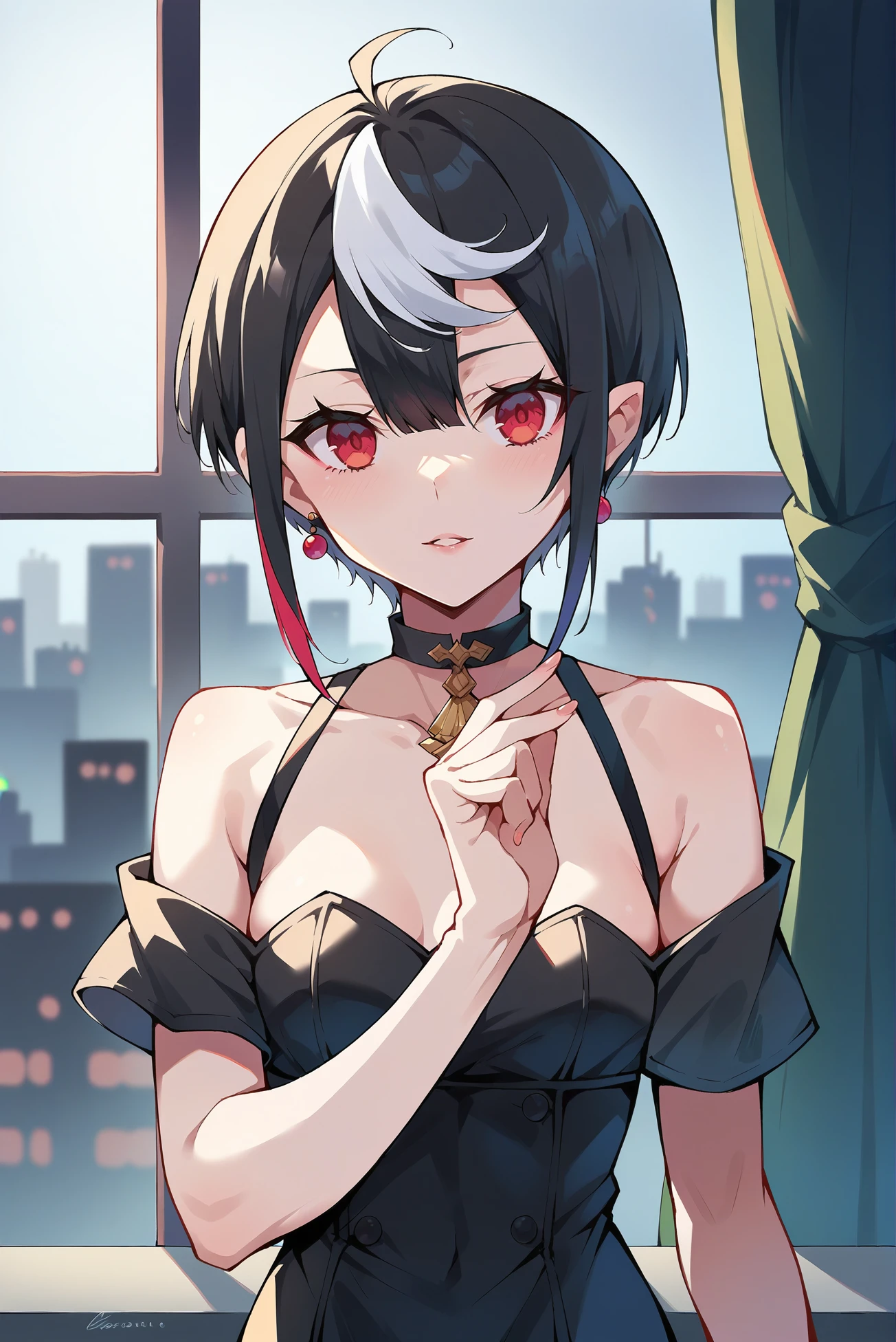 score_9,score_8_up,score_7_up,score_6_up, source anime, 1girl, slender, solo, kdg ariel, <lora:KDG-ArielXL_V1:0.8>, (parted lips), (two-tone hair, black hair, white hair, streaked hair, red eyes, small breasts, makeup), (black dress, short dress, off shoulder, short sleeves), (looking at viewer, upper body, front view, standing:1.2), indoors, night, city