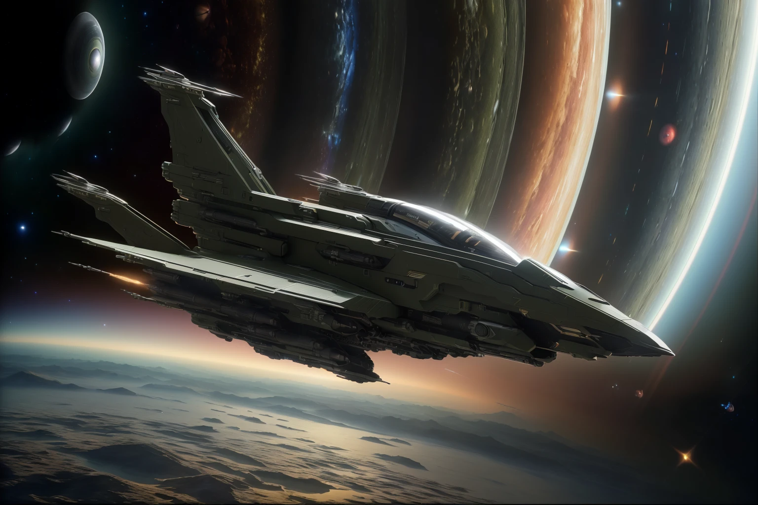 Masterpiece in photorealistic medium format 8k raw photography, (Hunter Green zzspczz soaring:1.3), A planetary system, its planets aligned in perfect harmony around their central star, (Fisheye-shot:1.3), Hyper-realistic details, (Epic panorama:1.2), Shot with a Canon EOS R5, 50mm f/1.4 lens, Cinematic atmosphere, Perfect clarity <lora:Futuristic Spacecraft Generator Concept v5.0-000008:1>