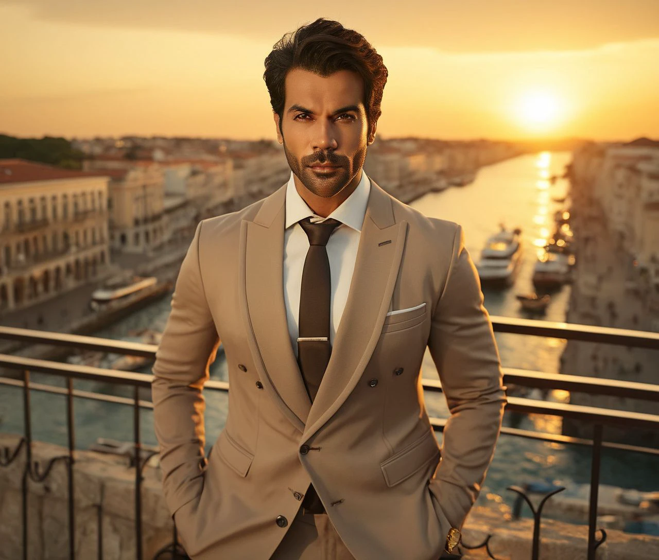 Nautical-themed (Photo:1.3) of (Ultrarealistic:1.3) <lora:Man_Men_FFashion:1> DJ AM Villanueva a man <lora:rajkummar-rao_DJ-AM:1> in a tan suit standing on a balcony, sun behind him, inspired by Pablo Munoz Gomez, shot at golden hour, editorial photograph, midshot of a hunky, by Roman Bezpalkiv, by Artur Tarnowski, maxim sukharev, by Gabor Szikszai,Highly Detailed,(Mono Color:1.3) . Sea, ocean, ships, maritime, beach, marine life, highly detailed