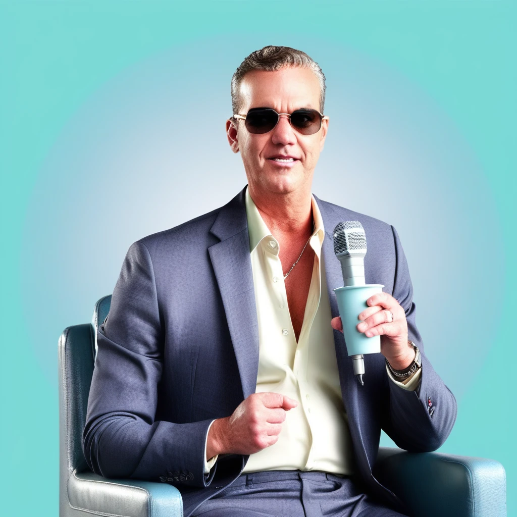 sunglasses, white background, sitting, jacket, formal, male focus, holding cup, blue background, microphone, realistic