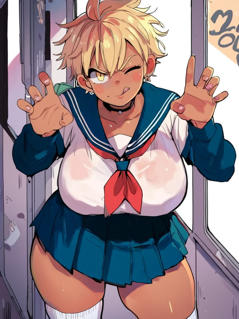 score_9, score_8_up, score_7_up, 1girl, 1girl, dark skin, yellow eyes, curvy, huge breasts, wide hips, tomboy, gyaru, cute pose, angry, looking at viewer, simple white background, dynamic pose, cowboy shot, white socks, school uniform, lay on subway, graffiti, urban city, sexually suggestive, sexy, one closed eyes, tongue out, white socks, squeezing thighs,
<lora:PaulinaapcXLP_Style:1>PaulinaapcXLP