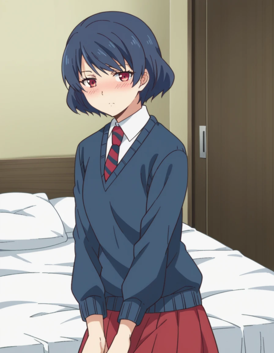 score_9, score_8_up, score_7_up, source_anime,
ruitachibana, <lora:rui-tachibana-s1-ponyxl-lora-nochekaiser:1>,
rui tachibana, short hair, red eyes, blue hair,
skirt, school uniform, necktie, striped, red skirt, striped necktie, sweater, blue sweater,
indoors, bed, bed room, on side, blush, drunk,
looking at viewer, cowboy shot, dutch angle, solo,