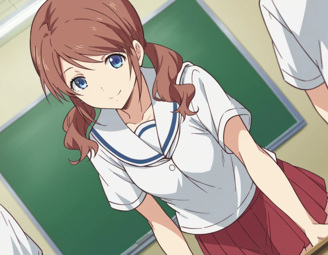 score_9, score_8_up, score_7_up, source_anime,
momokashiwabara, <lora:momo-kashiwabara-s1-ponyxl-lora-nochekaiser:1>,
momo kashiwabara, long hair, blue eyes, brown hair, twintails, low twintails,
shirt, school uniform, white shirt, short sleeves, serafuku, sailor collar, skirt, red skirt,
indoors, classroom, bent over, smile,
looking at viewer, cowboy shot, dutch angle, solo,