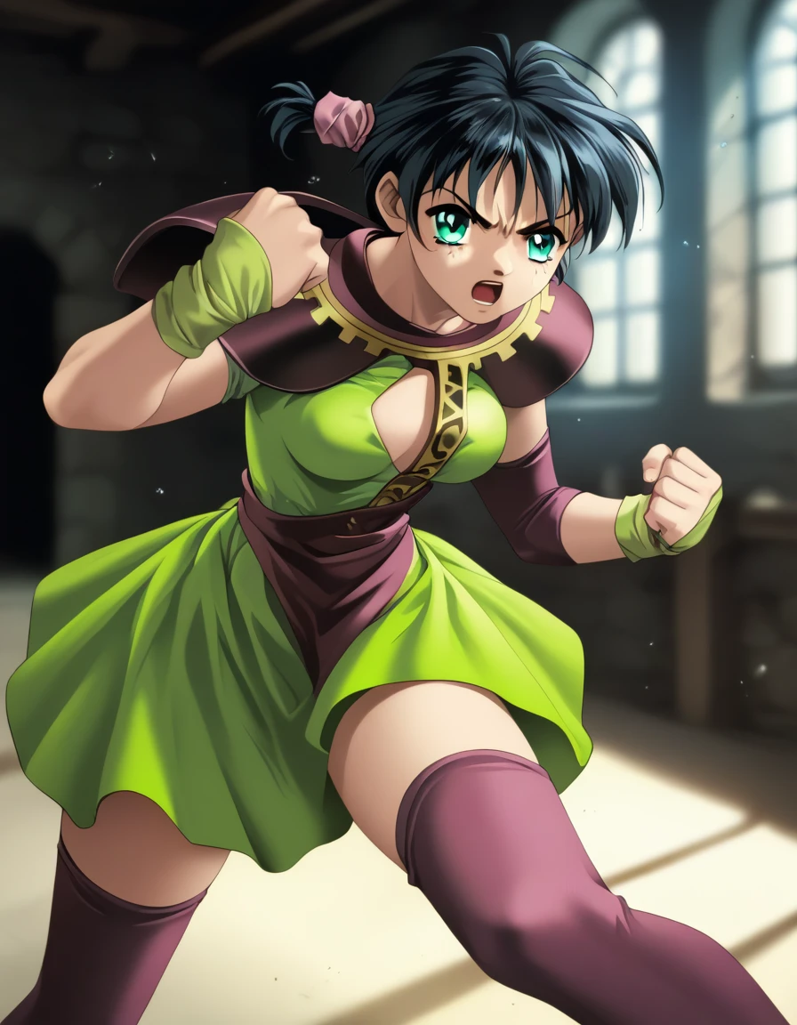 score_9, score_8_up, score_7_up <lora:silvanna-ponyxl:1> silvanna, green dress, purple thighhighs,
1girl, cowboy shot, fighting stance, indoors, dungeon, bokeh