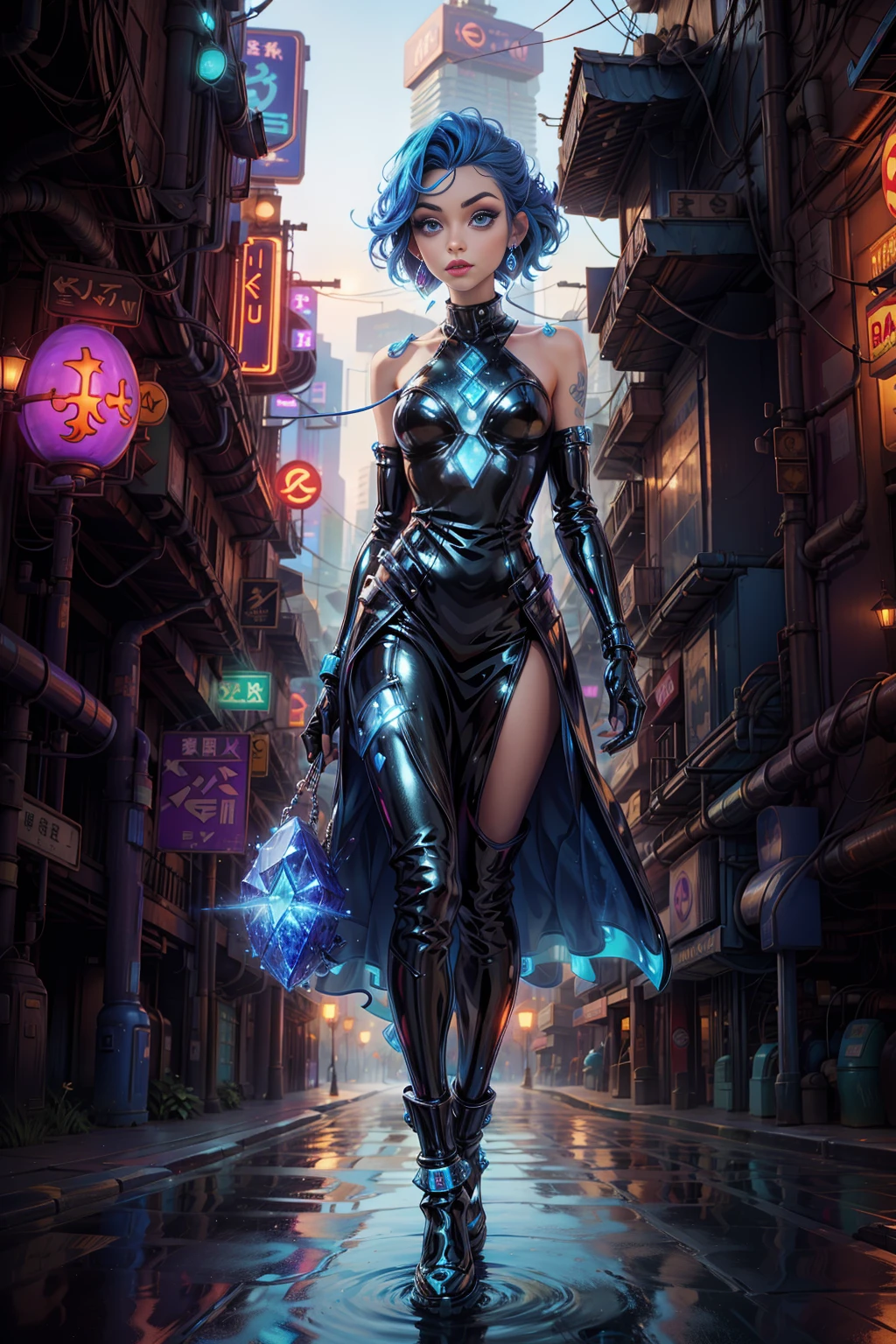 <lora:AzuriteWorld:1> (AzuriteWorld:0.9), 1woman sexy skinny in latex dress walking in a cyber city with ghosts