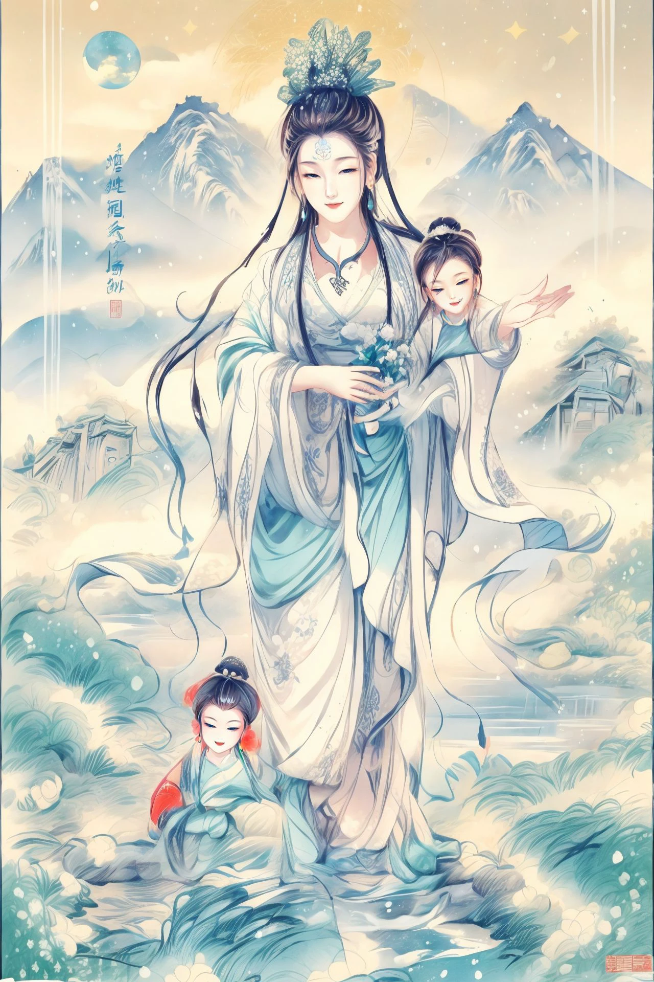 ((best quality)), ((masterpiece)),night,
(chinese text,wall of text),((multiple girls,smirk)),hanfu,tiannv and guanyin,flower,grass,snow and mountain,
, 
full moon,stars,
BREAK ((best quality)), ((masterpiece)),night,
(chinese text,wall of text),((multiple girls,smirk)),hanfu,tiannv and guanyin,flower,grass,snow and mountain,
, 
water and outdoors,
BREAK ((best quality)), ((masterpiece)),night,
(chinese text,wall of text),((multiple girls,smirk)),hanfu,tiannv and guanyin,flower,grass,snow and mountain,
, 
horizon and water,
<lora:pasguanv1:0.789>,
<lora:add_detail:0.912>, <lora:yuzuv10:0.3>,
lily pad ,  cloud and architecture