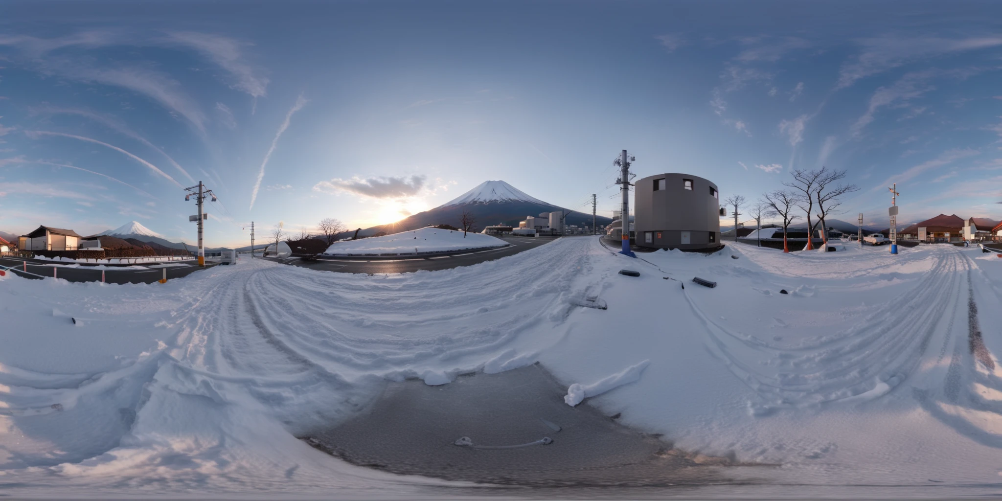 hd,2k,detailer,Create a realistic VR360-style image featuring a tranquil and picturesque landscape with Mount Fuji in the background, covered in snow. In the foreground, a straight and empty road extends towards the mountain, offering a clear view of its snowy peak. Surrounding the road are a few low-rise buildings. The image should focus prominently on Mount Fuji, capturing a significant portion of the scene. The setting sun casts a warm, reddish hue over Mount Fuji, enhancing the serene atmosphere of the evening. <lora:sanbaro_V2:0.9>