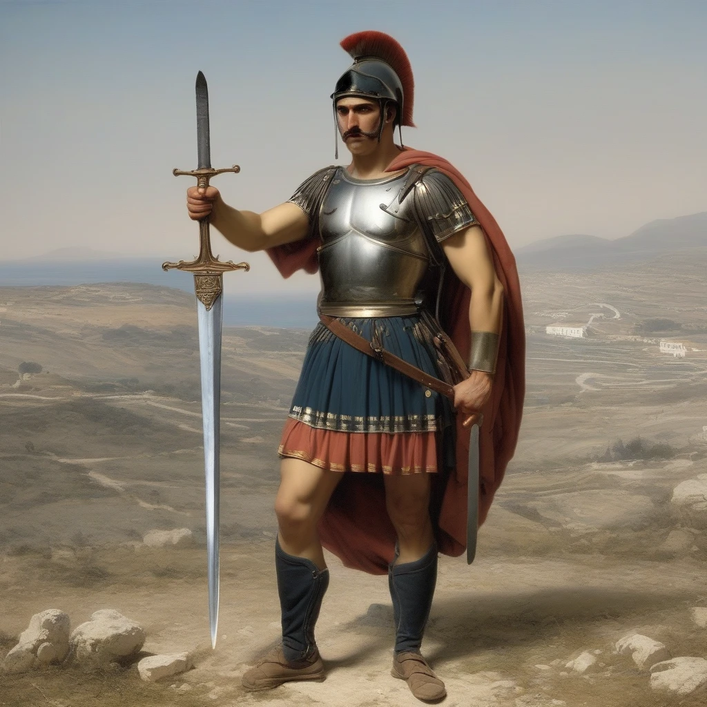 Greek soldier with sword at the battlefield