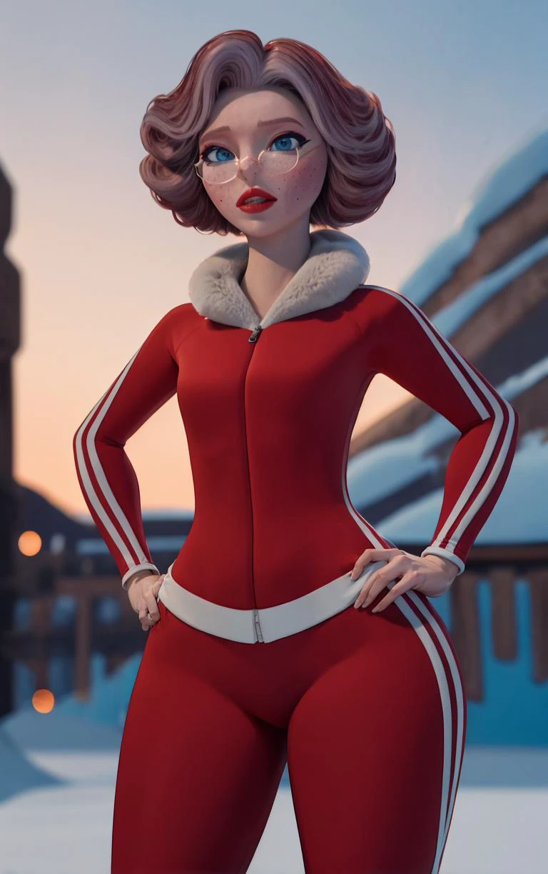 ((masterpiece, best quality)), insaneres, absurdres, solo, looking at viewer,
RedDress_MrsClaus_ownwaifu,
1girl, breasts, multicolored hair, short hair, makeup, red lips, blue eyes, lipstick, glasses, freckles, brown hair, curly hair, pink hair, wide hips, round eyewear, grey hair, lips, old woman, small breasts,
track suit, red jacket, red pants, track pants, long sleeves, fur trim, zipper, red dress, striped pants,
(contrapposto, hand on hip), sunset, sidelighting, <lora:CARTOON_Ellio_MrsClaus_ownwaifu:1>,
depth of field, light particles,