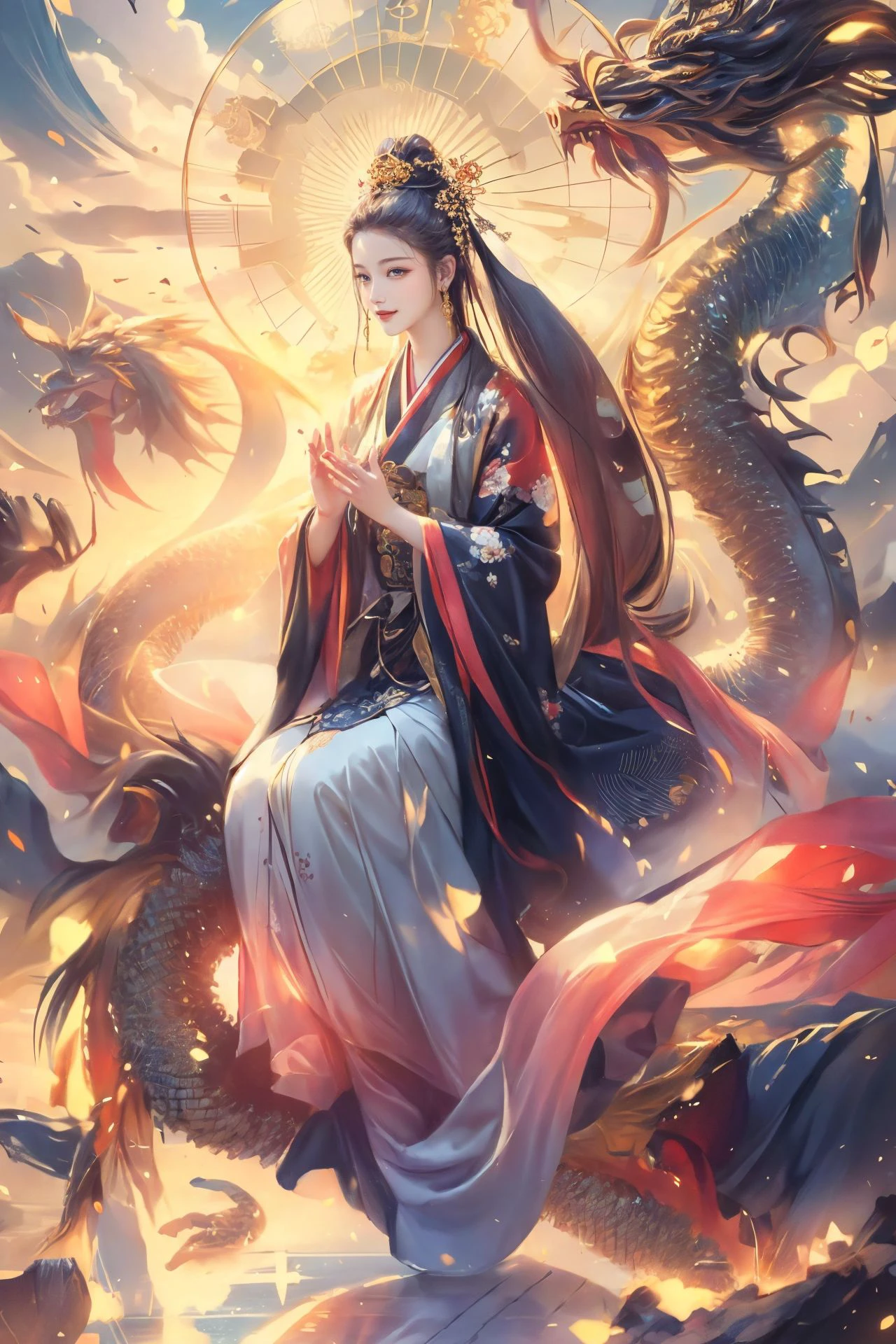((best quality)), ((masterpiece)),((multiple girls,smirk)),
<lora:pasguanv1:0.389>,(guanyin),hanfu,
reflection,eastern dragon,