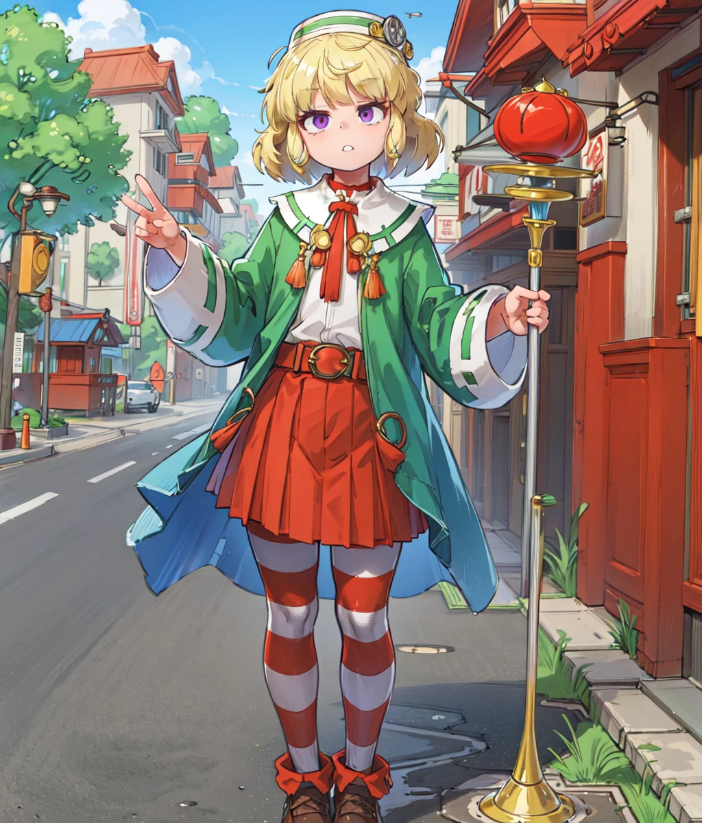 1girl, solo, skirt, blonde hair, full body, holding, purple eyes, staff, red skirt, striped clothes, hat, holding staff, short hair, brown footwear, pleated skirt, pantyhose, looking at viewer, long sleeves, standing, shoes, belt, white shirt, shirt, thighhighs, green stripped thighhighs, outdoors, chinese town, medieval <lora:carrie-10:0.8>
