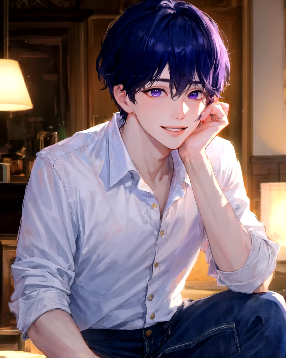 masterpiece, best quality, highly detailed background, perfect lighting, ((masterpiece)), depth of field, cinematic lighting, 1boy, Yejun, male focus, shirt, collared shirt, short hair, looking at viewer, hair between eyes, blue hair, purple eyes, pants, smile, <lora:more_details:0.1>,  <lora:Yejun:1>