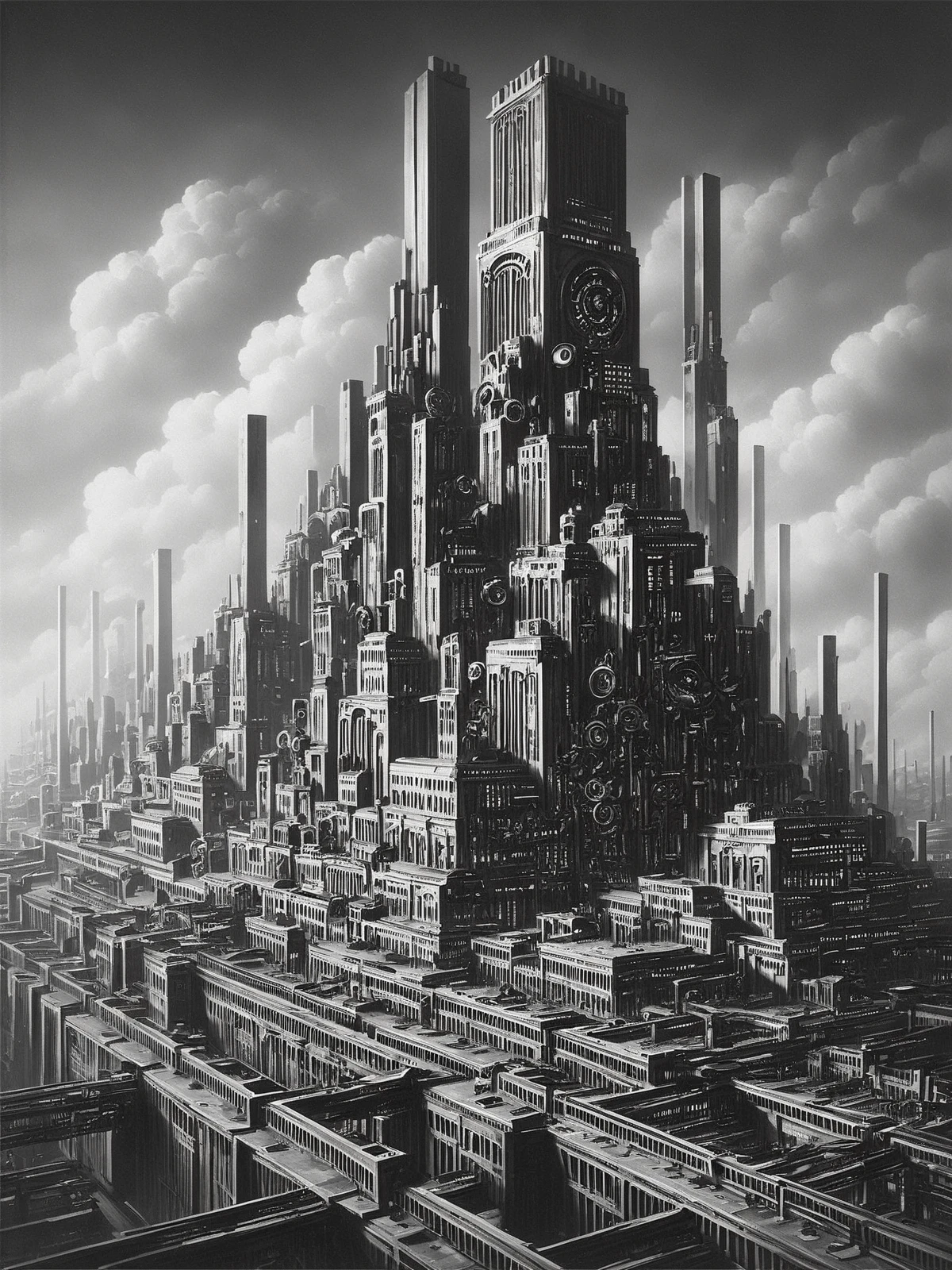 score_9, score_8_up, score_7_up, factory, futuristic, stylized, art deco, expressionist, 1920s, black and white <lora:Metropolis__Style_Pony:0.8>