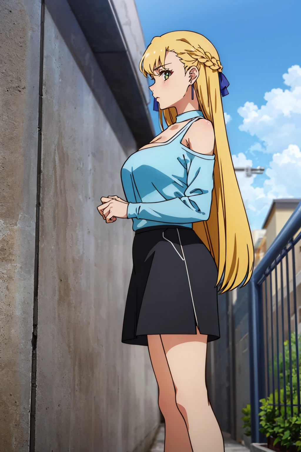 masterpiece, best quality, 1girl, <lora:theresagriebel-nvwls-v1-000009:0.8> theresa griebel, braid, very long hair, hair ribbon, earrings, halterneck, blue shirt, cleavage, shoulder cutouts, long sleeves, bare shoulder, black skirt, large breasts, from side, looking at viewer, concerned, worried, alleyway, blue sky