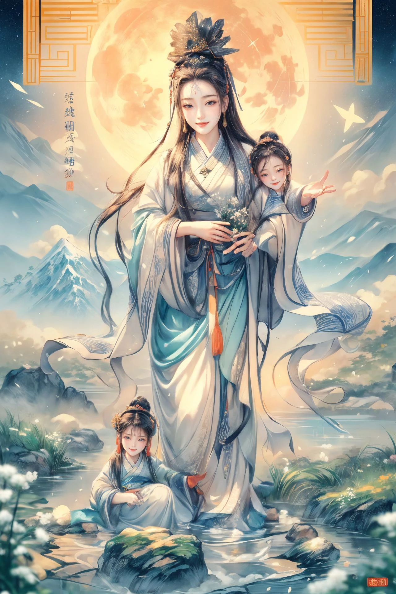 ((best quality)), ((masterpiece)),night,
(chinese text,wall of text),((multiple girls,smirk)),hanfu,tiannv and guanyin,flower,grass,snow and mountain,
, 
full moon,stars,
BREAK ((best quality)), ((masterpiece)),night,
(chinese text,wall of text),((multiple girls,smirk)),hanfu,tiannv and guanyin,flower,grass,snow and mountain,
, 
water and outdoors,
BREAK ((best quality)), ((masterpiece)),night,
(chinese text,wall of text),((multiple girls,smirk)),hanfu,tiannv and guanyin,flower,grass,snow and mountain,
, 
horizon and water,
<lora:pasguanv1:0.389>,
<lora:add_detail:0.912>, <lora:yuzuv10:0.3>,
lily pad ,  cloud and architecture