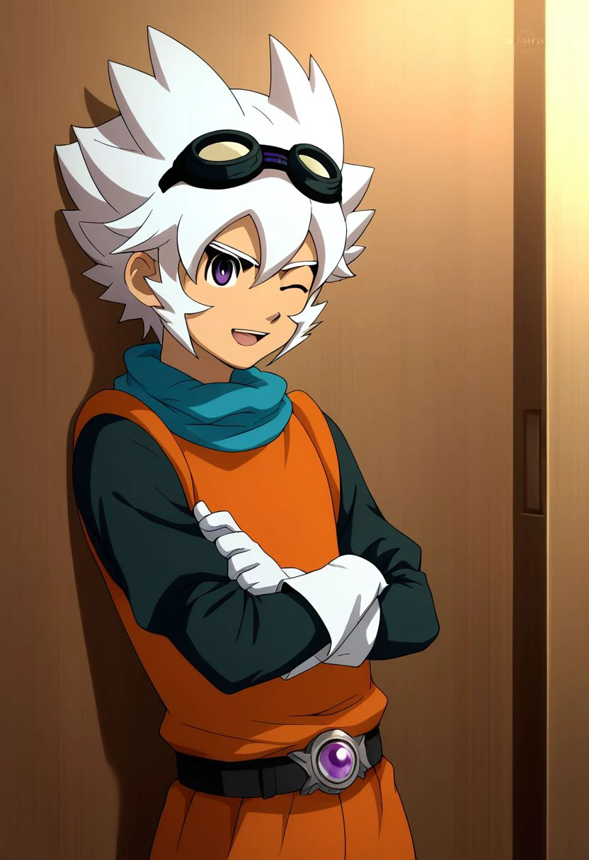 score_9, score_8_up, score_7_up, source_anime, highly detailed, 1boy, solo, male_focus, skinny, slender, cute,
male focus, 1boy, goggles, solo, goggles on head, gloves, open mouth, white hair,
purple eyes, crossed arms, upper body,
indoor, hallway, against wall, wink,