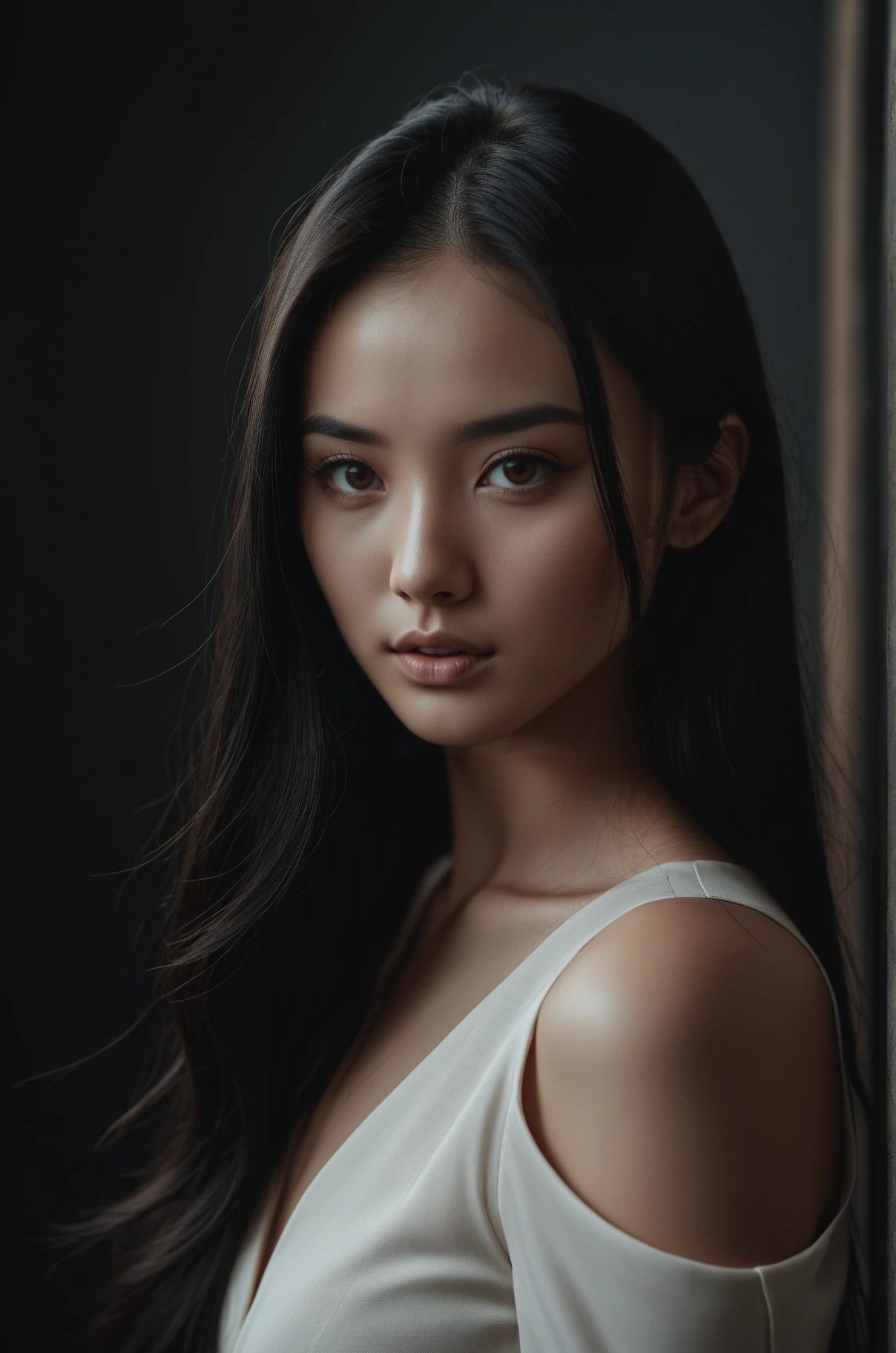 The most beautiful China girl in the World, 24 years old, long black hair, brown eyes, Studio Shooting, emotional portrait, strong, photo in the style of Alessio Albi, cinematic composition, cinematic lighting,