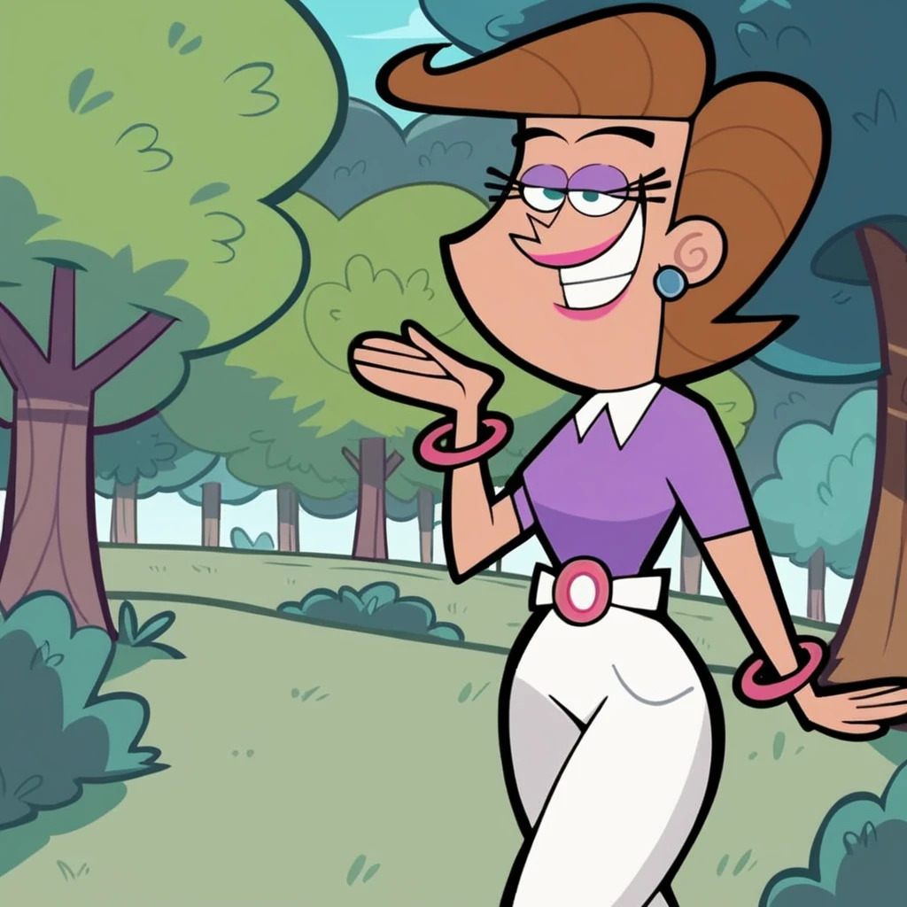 score_9, score_8_up, score_7_up, score_6_up, score_5_up, score_4_up, (Source the fairly oddparents), (rating safe), <lora:TimmysmomXL:0.8>, 1girl, solo, mrs. turner, eyeshadow, outside, walking, brown hair, short hair, white pants, purple shirt, smile, trees, grass,