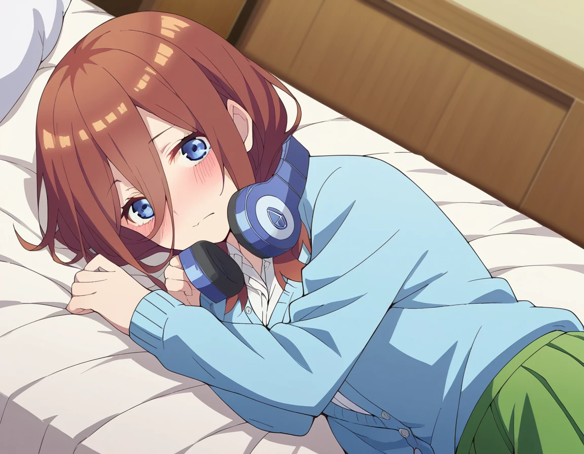 score_9, score_8_up, score_7_up, source_anime,
mikunakano, <lora:miku-nakano-s2-ponyxl-lora-nochekaiser:1>, 
miku nakano, long hair, bangs, blue eyes, brown hair, shirt, hair between eyes, headphones, cardigan, headphones around neck,
skirt, shirt, long sleeves, white shirt, pantyhose, pleated skirt, black pantyhose, cardigan, green skirt, blue cardigan,
indoors, bed, bed room, on side, blush, drunk,
looking at viewer, cowboy shot, dutch angle, solo,