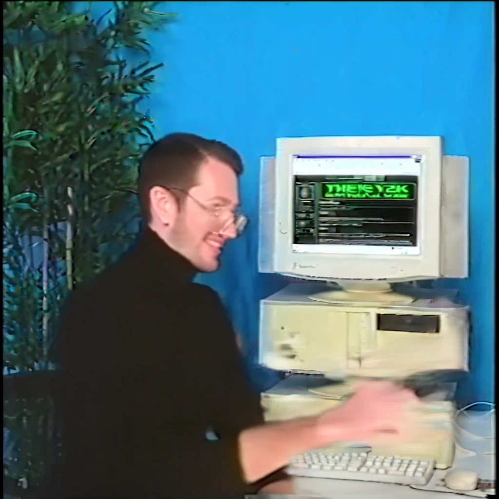 beard, 1boy, monitor, cup, sitting, glasses, male focus, facial hair, mouse (computer)