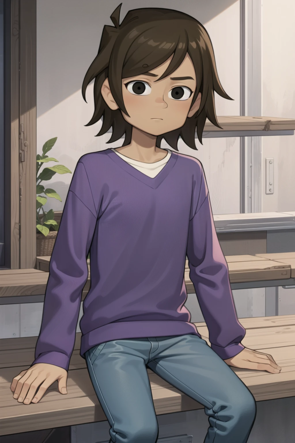 1boy,solo,sitting,brown hair,short hair,black eyes,dark -skinned male,looking at viewer,purple shirt,blue pants,masterpiece,best quality