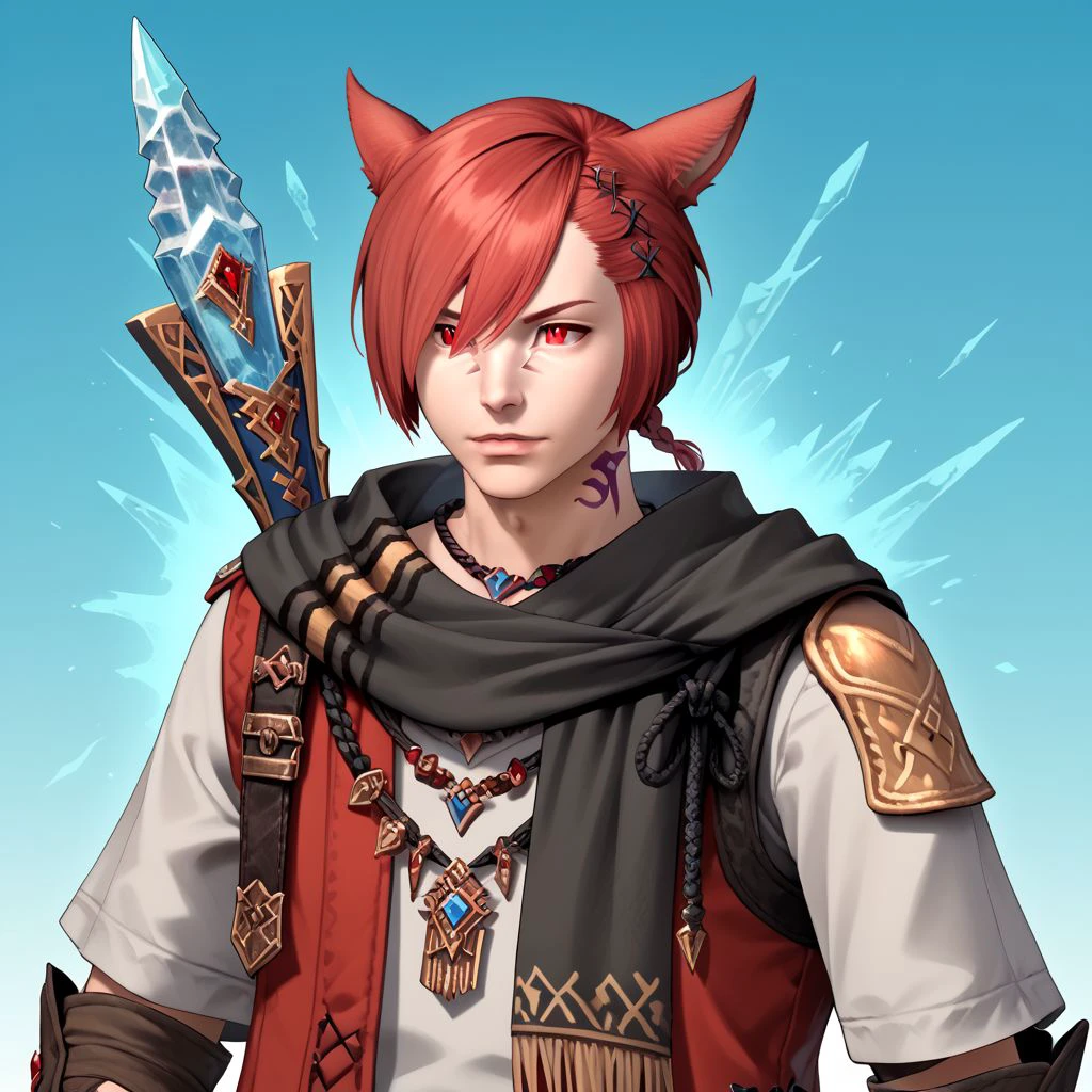 grahatiaffxivdsk, animal ears, male focus, 1boy, solo, miqo'te, red hair, red eyes, cat ears, short hair, gloves, scarf, fingerless gloves, upper body, slit pupils, black scarf, bangs, hair over one eye, hair ornament, x hair ornament, jewelry, crystal, facial mark, cat boy, short ponytail, swept bangs, staff, braid, braided ponytail, necklace PonyXLV6_Scores