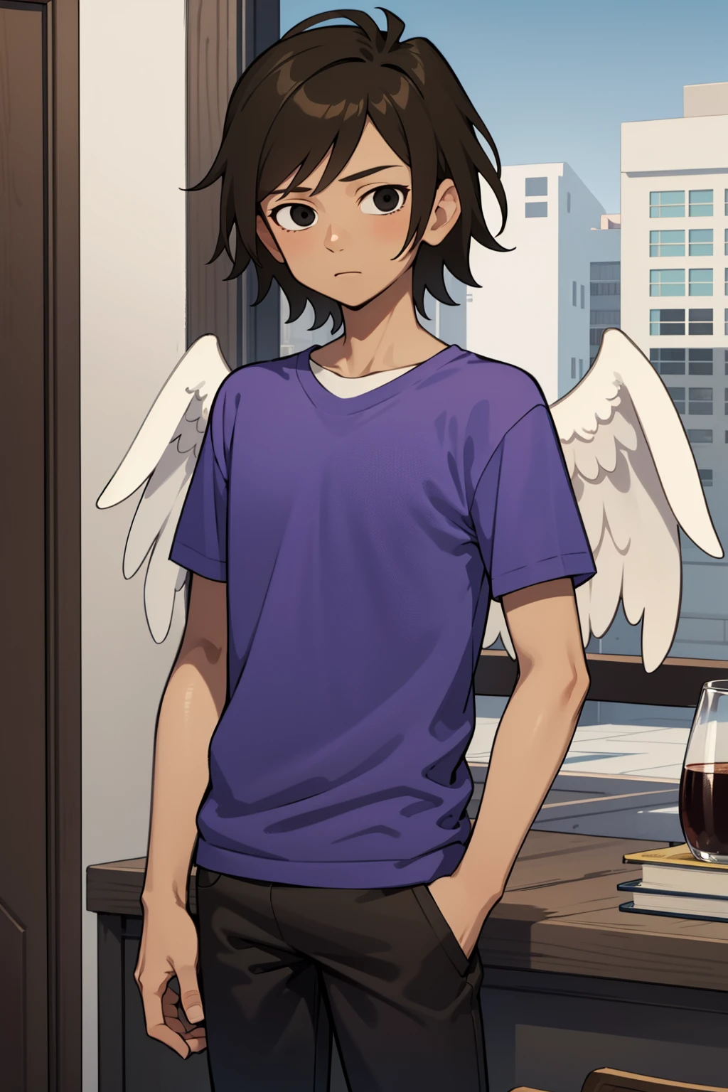 1boy,solo,angel wings,,brown hair,short hair,black eyes,dark -skinned male,looking at viewer,purple shirt,blue pants,masterpiece,best quality