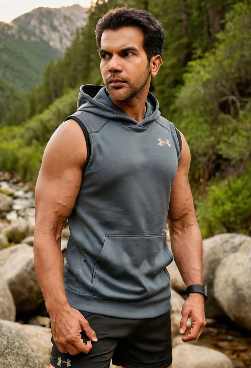 photo of DJ AM Villanueva a man <lora:rajkummar-rao_DJ-AM:1>, wearing a sleeveless well-fitted under armour hoodie and compression shorts, standing on a boulder, outdoor trail, 35mm photograph, film, bokeh, professional, 4k, highly detailed, creek in the background, natural lighting, golden hour