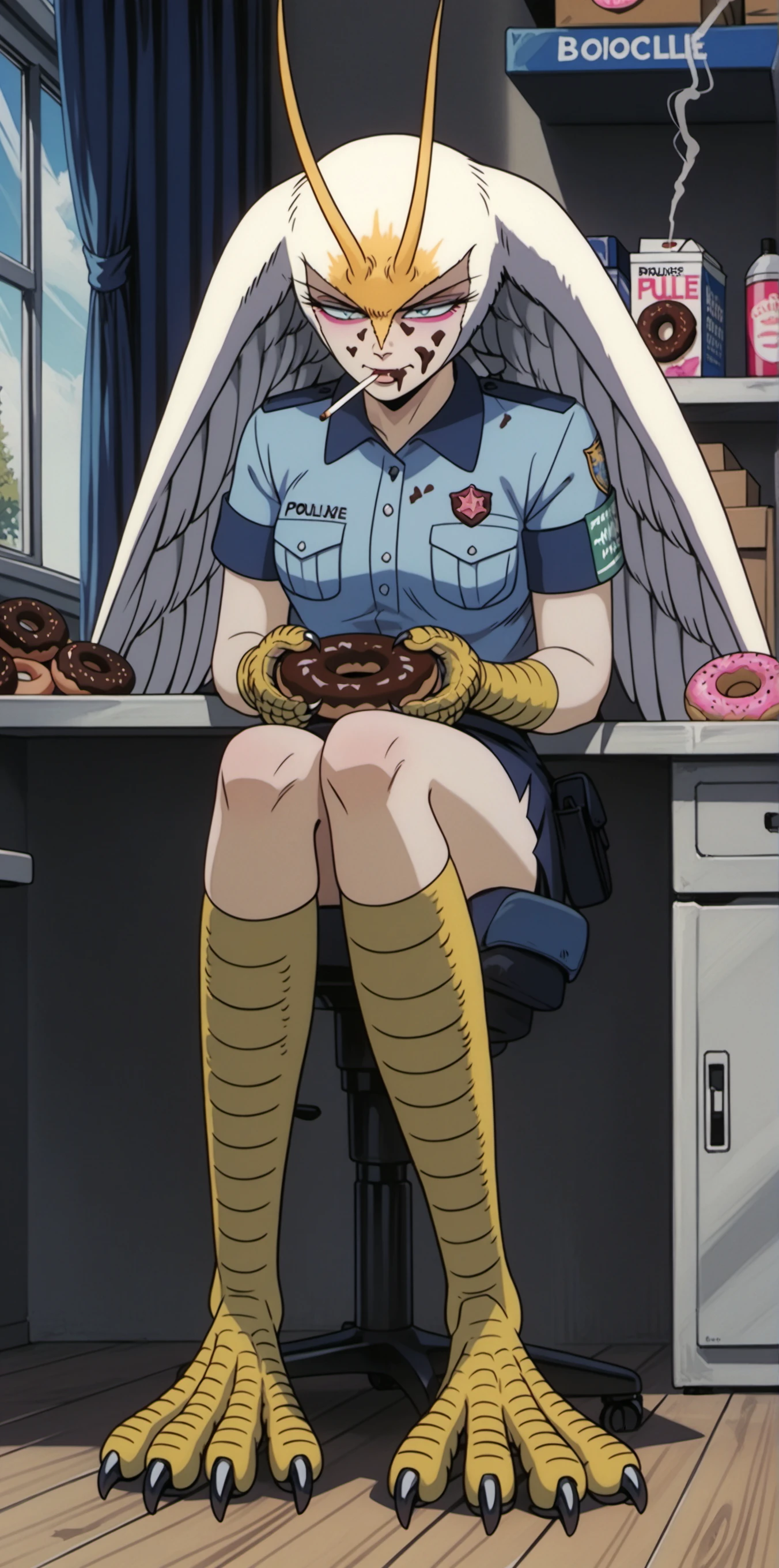 DZVZVZ, score_9, score_8_up, score_7_up, score_6_up, source_anime, solo, 1girl, (MCSirene:1.1), police uniform, sitting, (chocolate doughnut:1.1), food on face, smoking cigarette, armband, talons, (box of donuts:1.1), indoors, gas station convenience store, depressed, exhausted