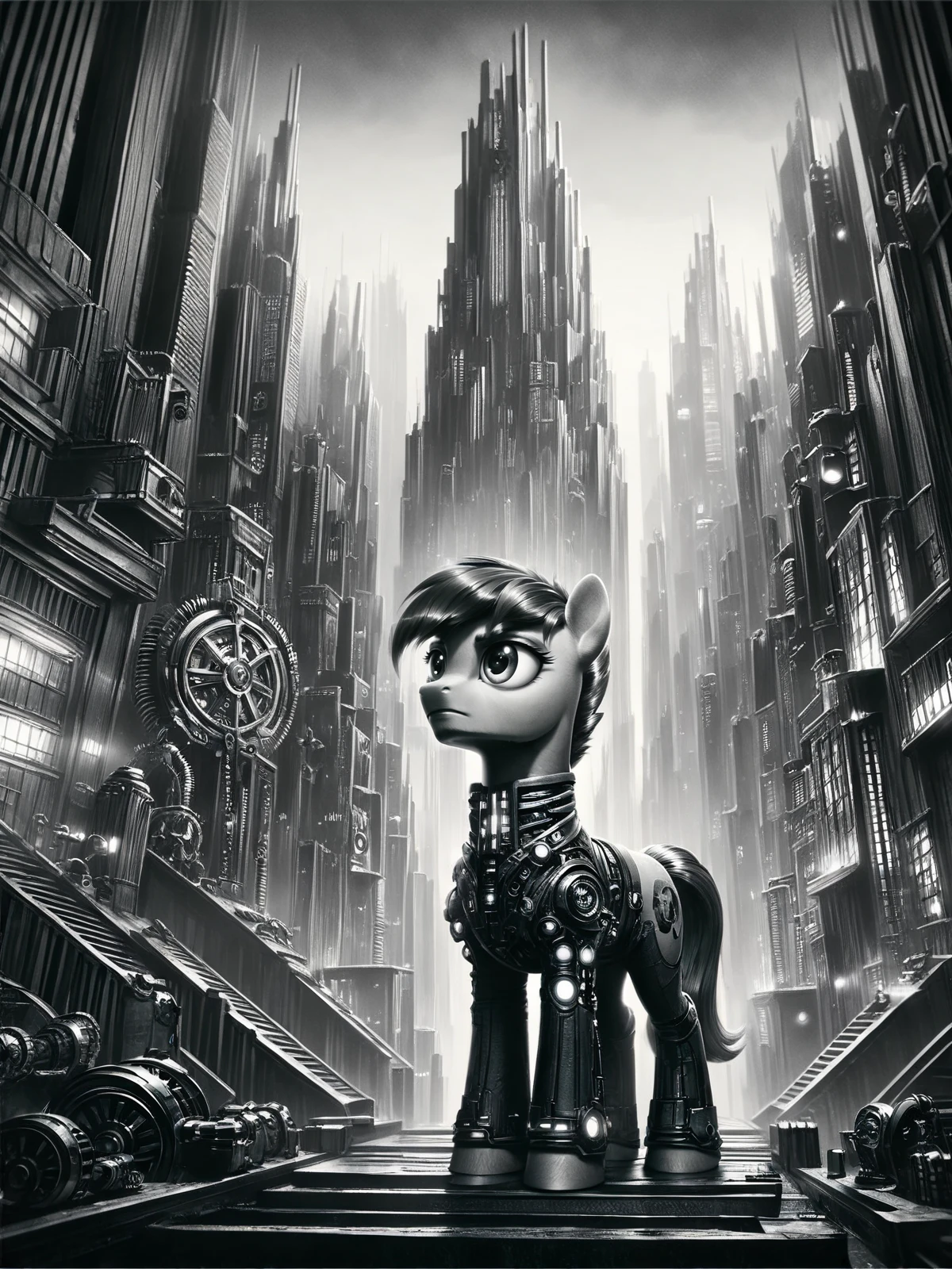 score_9, score_8_up, score_7_up, pony, futuristic, stylized, art deco, expressionist, 1920s, black and white <lora:Metropolis__Style_Pony:1>