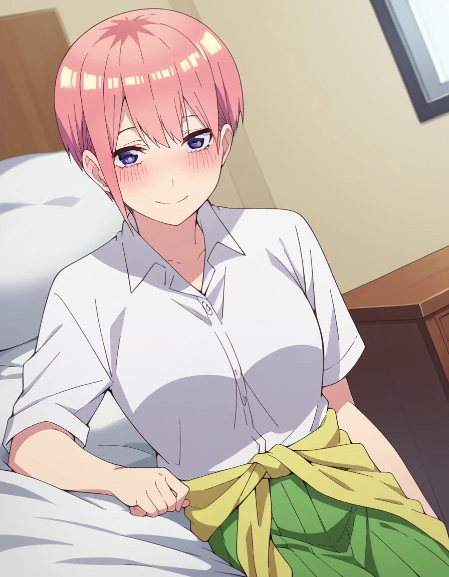 score_9, score_8_up, score_7_up, source_anime,
ichikanakano, <lora:ichika-nakano-s2-ponyxl-lora-nochekaiser:1>,
ichika nakano, short hair, bangs, blue eyes, hair between eyes, pink hair, pixie cut, smile, mature female,
skirt, shirt, school uniform, white shirt, short sleeves, pleated skirt, collared shirt, sweater, green skirt, clothes around waist,
indoors, bed, bed room, on side, blush, drunk,
looking at viewer, cowboy shot, solo, dutch angle,
