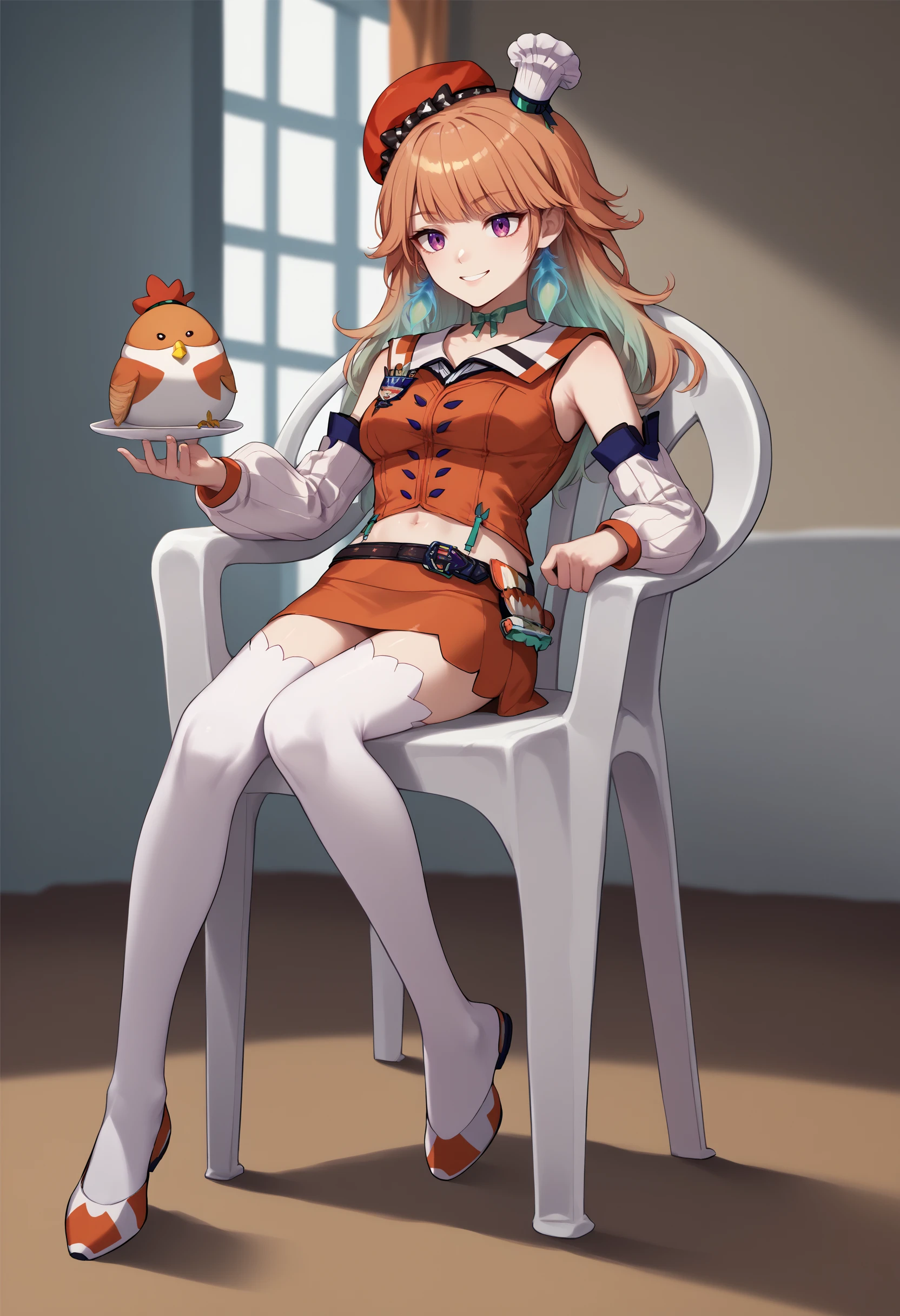 score_9, score_8_up, score_7_up, source_anime, plastic chair, sitting, full-length portrait, <lora:PlasticChair_XLPD-000006:1>, leaning, 1girl, KiaraBase, long hair, feather earrings, orange beret, mini chef hat, ribbon choker, orange vest, detached sleeves, white sleeves, midriff, orange microskirt, belt, white thighhighs, indoors, <lora:ChamTakanashiKiaraPonyXL-000009:1>, chicken, holding chicken, smile,