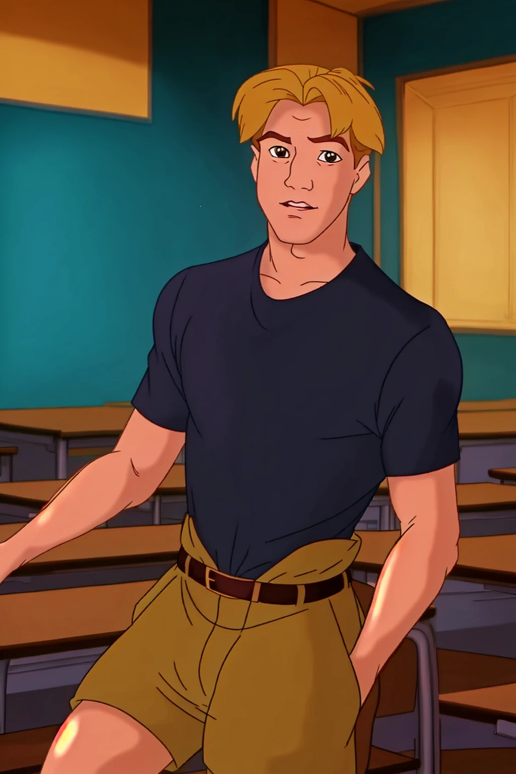 <lora:Cale-V2_HH-000020:0.8> c6l3,(disney style drawing),1boy, man,brown hair, looking at viewer<lora:DisneyRenV2:-0.00> 
disneyrenaissance style, blonde hair, masterpiece, (detailed, realistic), from waist up, shirt, shorts
location: (school,class room)