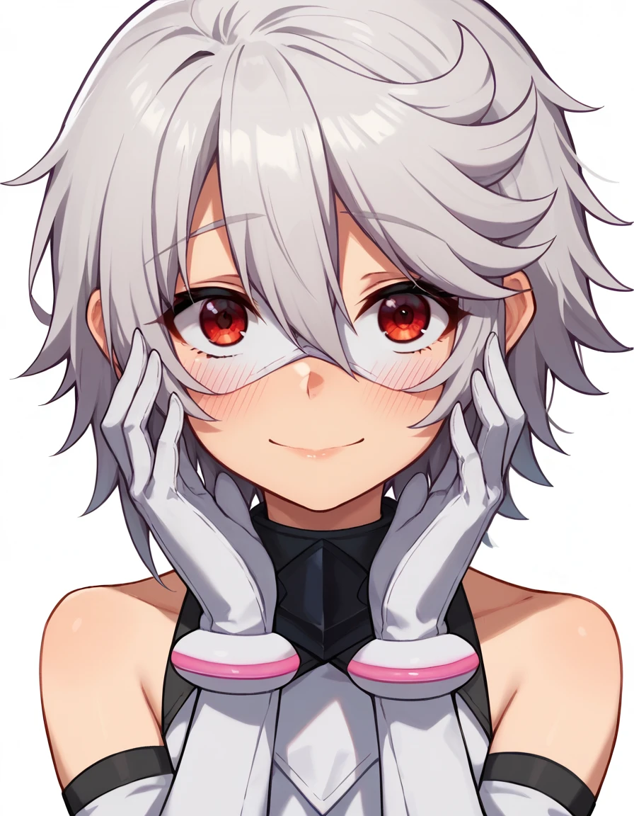 score_9,score_8_up,score_7_up BREAK
1girl,shyhero, solo, hands on own face, gloves, blush, looking at viewer, elbow gloves, white background, mask, white gloves, simple background, hair between eyes, bare shoulders, grey hair, 1girl,red eyes,nervous smile, blush
 <lora:teru_momijiyama XL :1>