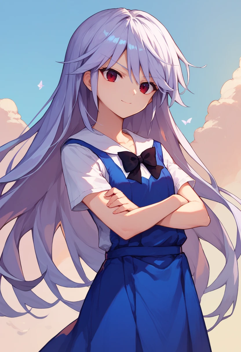 score_9, score_8_up, score_7_up, 1girl, Kazuki, silver hair, long hair, red eyes, white shirt, blue dress, black bow, crossed arms, light smile, <lora:Kazuki DORAV2-000009:1>