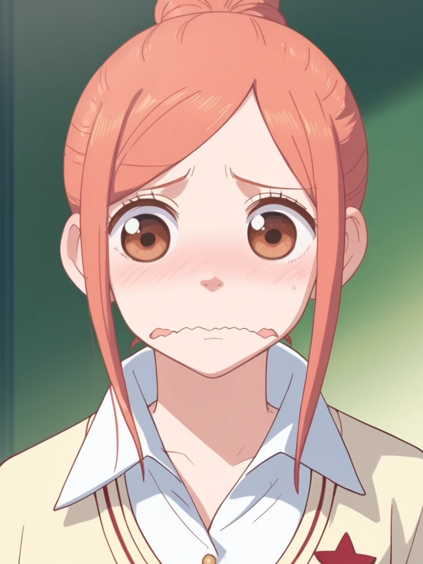 score_9, score_8_up, score_7_up, source_anime, Risa Koizumi, ginger hair, very tall, school girl, stylish,brown eyes, big eyes, school uniform,<lora:Risa_Koizumi_SDXL:1>, embarrassed, meme face, dot eyes, wavy mouth, front view, background school, best quality, masterpiece