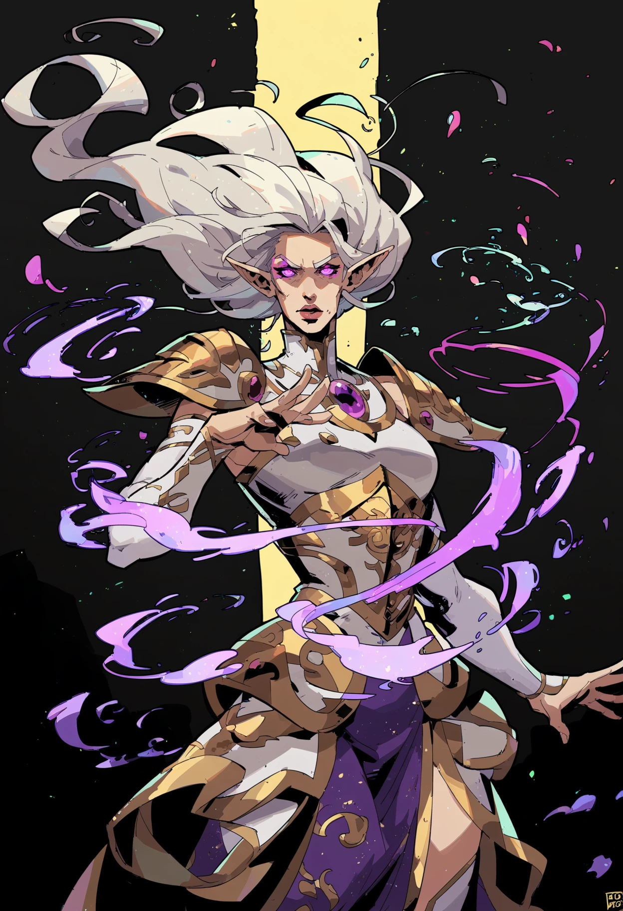 score_8_up, score_7_up, beautiful curvy elf girl casting spell, white ornate armored dress with purple print, dynamic pose, golden trim, pale, windblown long white hair, glowing eyes, makeup, purple magic effects, particles, <lora:sxz-hades-pdxl:0.8>  hds style, cel shading, linear hatching,